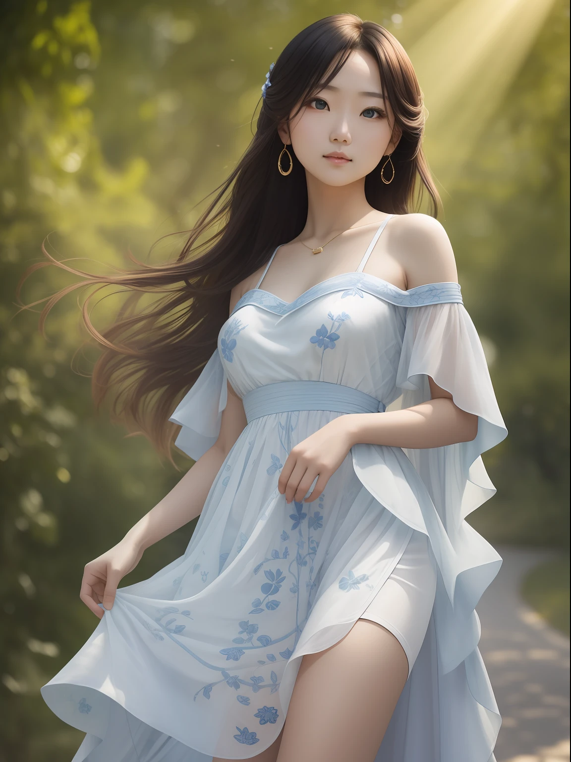 The captivating figure of actress Kitagawa, who wears a contemporary and stylish dress with beautiful blue and white embroidery, gracefully drapes her long hair over her shoulders, and stands proudly. Her big captivating eyes make her eyes shine cool and seductive. Her scene is set in a public park, and the actress wears a flowing dress, with her flowing hair framing her face and expression. The sun's rays cast a warm golden glow on the scene, enhancing the scene's soft focus and natural beauty. Wide-angle lens, soft lighting, fast shutter speed