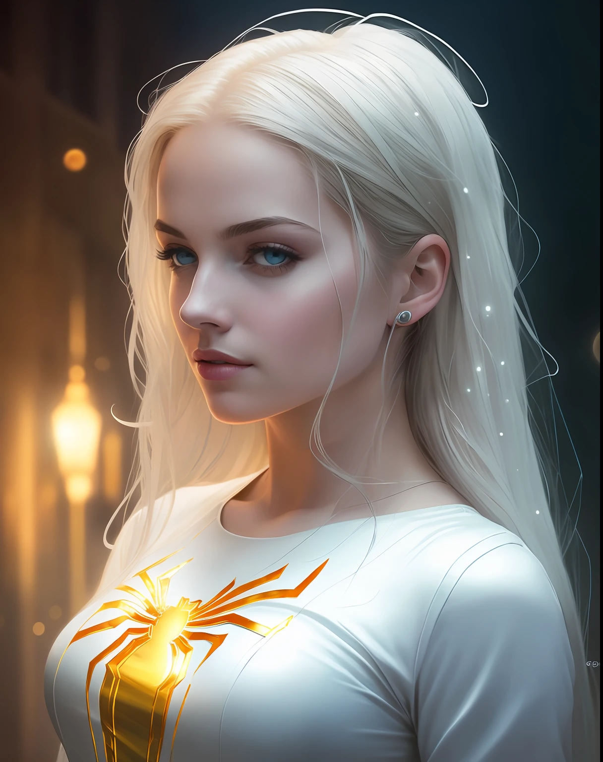 (Masterpiece, 4k resolution, ultra-realistic, very detailed), (White superhero theme, charismatic, there's a girl on top of town, wearing Spider-Man costume, she's a superhero), [ ((25 years), (long white hair:1.2), full body, (blue eyes:1.2), ((Spider-Man pose),show of strength, jumping from one building to another), ((sandy urban environment):0.8)| (cityscape, at night, dynamic lights), (full moon))] # Explanation: The Prompt mainly describes a 4K painting of ultra-high definition, very realistic, very detailed. It shows a superheroine at the top of the city, wearing a Spider-Man costume. The theme in the painting is a white superhero theme, the female protagonist has long white hair, is 25 years old and her entire body is shown in the painting. In terms of portraying the actions of superheroines, spiders are employed