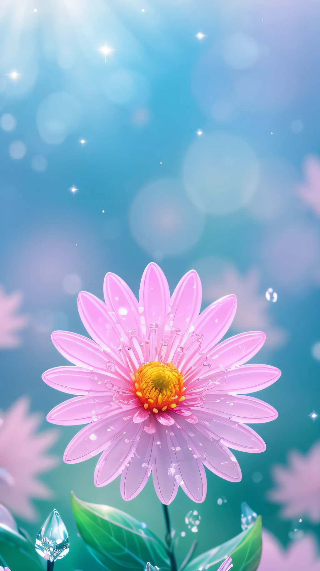 Crystal spring flower,Pink white gradient,water drop,Fantastical, galaxies, Transparent,, Pink white gradient,water drop,Light blue leaves,Sparkle, Sparkle, brilliance, Water,colorful,, Magical photography of light blue leaves, dramatic illumination, Photo realism, Ultra detailed, 4k, depthoffield, high resolusion
