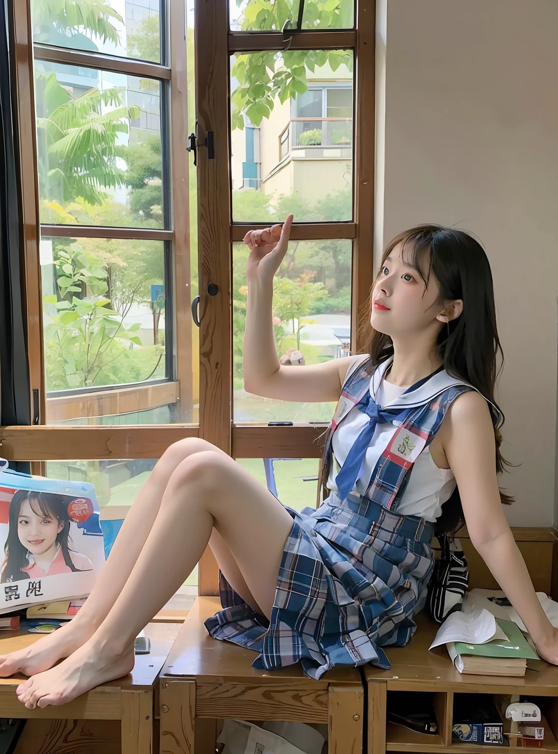 best qualtiy,tmasterpiece,超高分辨率,(realisticlying:1.4),teens girl,Juvenile, Thin and light,transparent pubic hair,夏天,Warmth,brightly,Japan School Uniform,校服,pleatedskirt