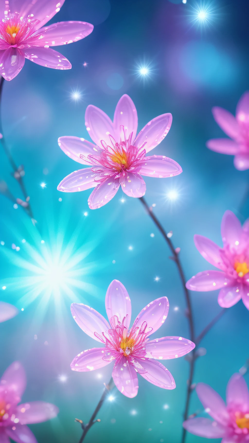 Crystal spring flower,Pink white gradient,water drop,Fantastical, galaxies, Transparent,, Pink white gradient,water drop,Light blue leaves,Sparkle, Sparkle, brilliance, Water,colorful,, Magical photography of light blue leaves, dramatic illumination, Photo realism, Ultra detailed, 4k, depthoffield, high resolusion