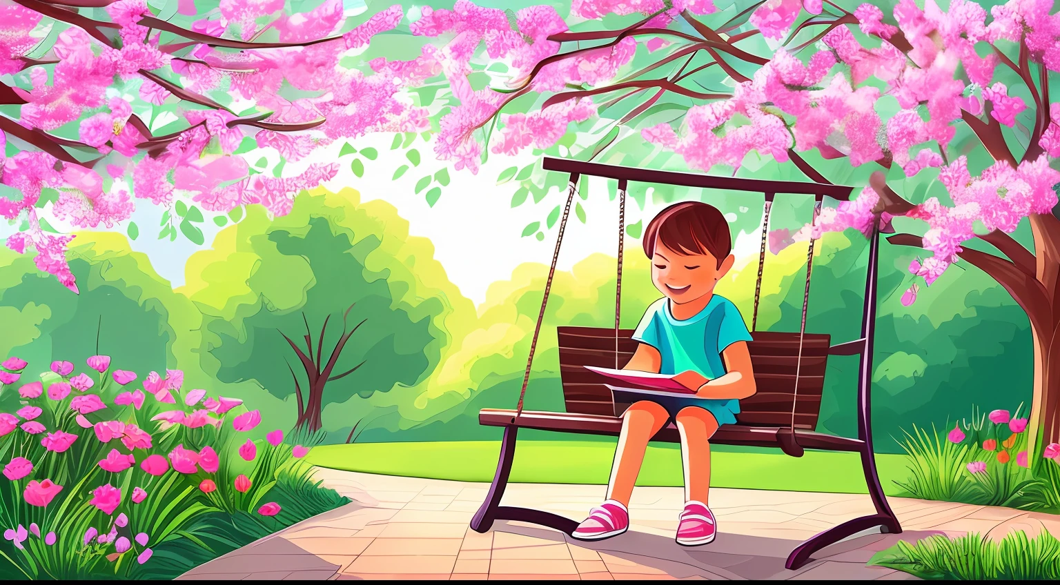 A heartwarming scene of a child sitting on a swing in a backyard garden, surrounded by blooming flowers and tall, swaying trees. The gentle sunlight filters through the leaves, casting a warm glow on the child's innocent smile and sparkling eyes. Birds chirp happily in the distance, and a playful puppy runs nearby, adding to the joyful ambiance. Capture the moment with a digital illustration, using vibrant colors and soft brush strokes