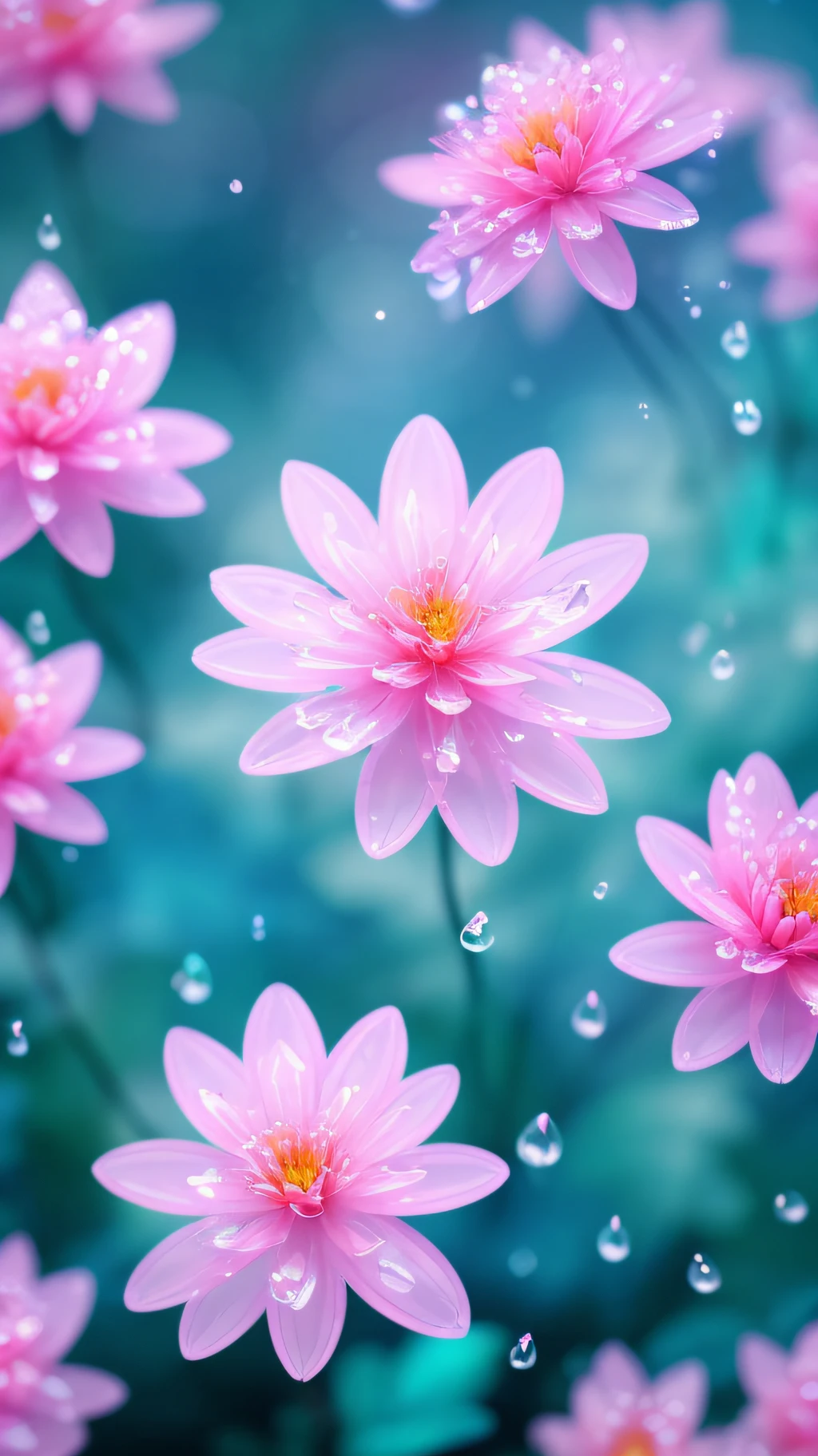 Crystal spring flower,Pink white gradient,water drop,Fantastical, galaxies, Transparent,, Pink white gradient,water drop,Light blue leaves,Sparkle, Sparkle, brilliance, Water,colorful,, Magical photography of light blue leaves, dramatic illumination, Photo realism, Ultra detailed, 4k, depthoffield, high resolusion