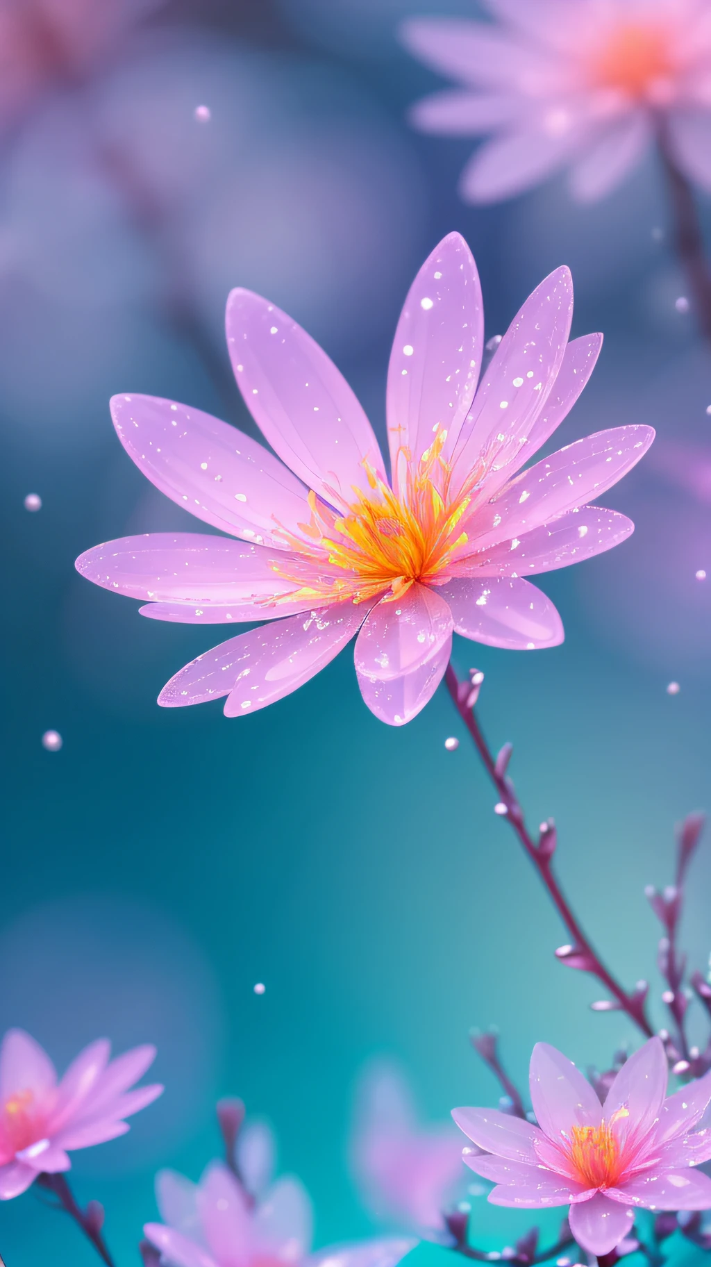 Crystal spring flower，Pink white gradient，water drop，Fantastical, galaxies, Transparent,, Pink white gradient，water drop，Light blue leaves，Sparkle, Sparkle, brilliance, Water，colorful，, Magical photography of light blue leaves, dramatic illumination, Photo realism, Ultra detailed, 4k, depthoffield, high resolusion