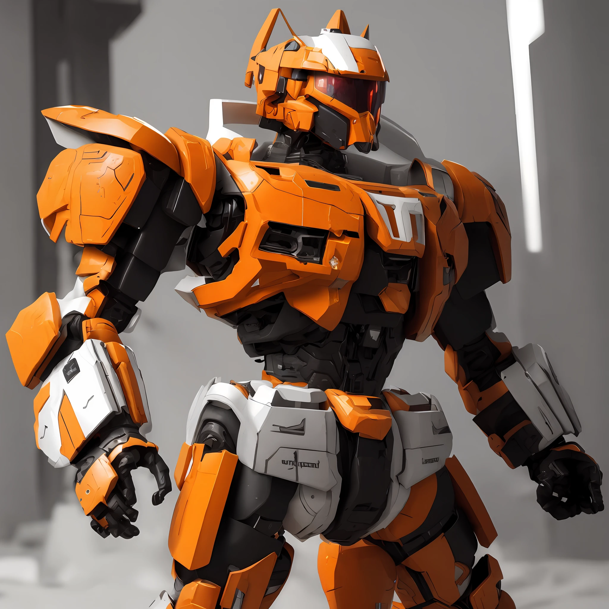 In a space planet environment Unreal Engine OC renders Gundam robots, The whole body is orange-white, Shield weapon in hand HD detail texture, Shabby skin texture three-dimensional realism