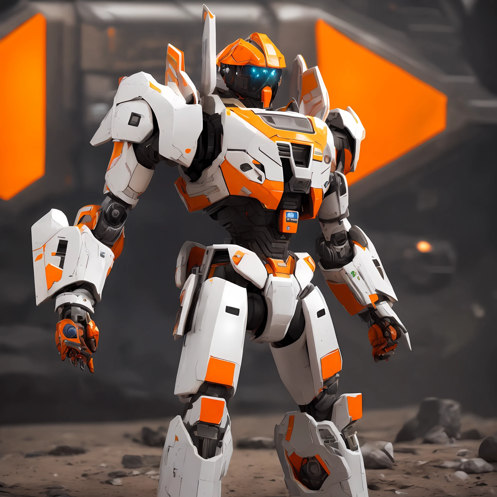 In a space planet environment Unreal Engine OC renders Gundam robots, The whole body is orange-white, Shield weapon in hand HD detail texture, Shabby skin texture three-dimensional realism