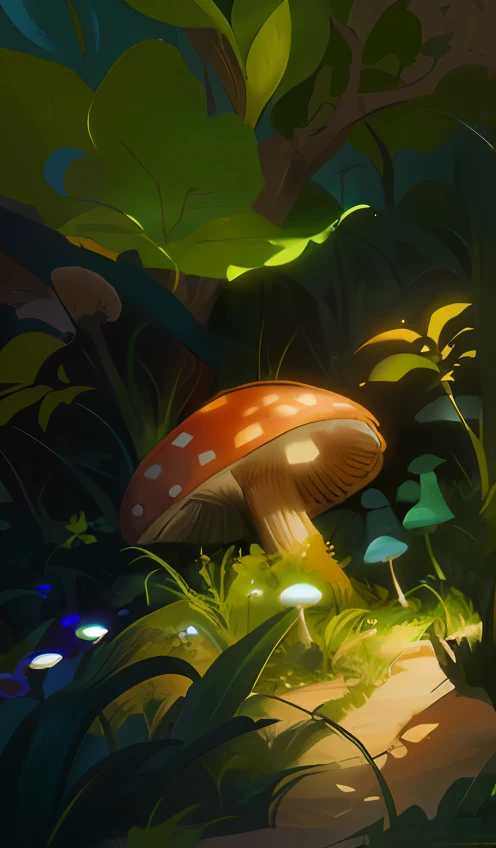 Some grass and leaves，Close-up of mushrooms, Stylized concept art, painted as a game concept art,Woods Environment, digital painting concept art, Stylized game art, Relaxing concept art, arte de fundo, magical fantasy 2 d concept art, indie game concept art, painterly concept art, Detailed game art