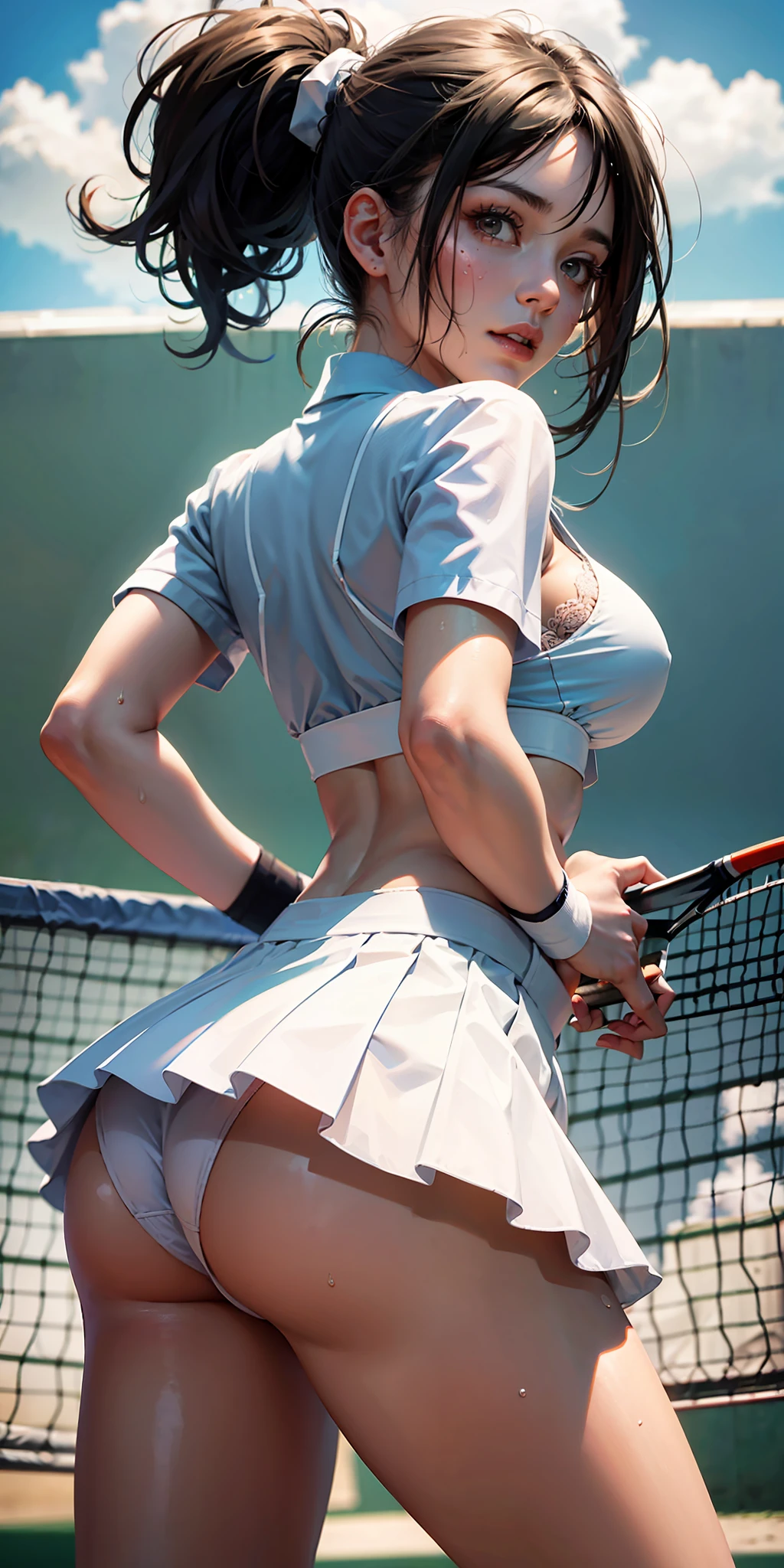 1girll，tennis player，s the perfect face，crisp breasts, Convex buttocks,White sports short sleeves，Short white pleated skirt，White lace panties，White sport socks，White tennis shoes，Wet hair，High ponytail，body soaking wet，Swing the paddle，tennis court，Sunnyday，Clouds， Detailed background, Clothing details, perfectly proportioned, filmgrain, Fuji colors, lightand shade contrast, tmasterpiece, high detal, high qulity, A high resolution, Cinematic lighting, 8K, Textured skin, Super detail