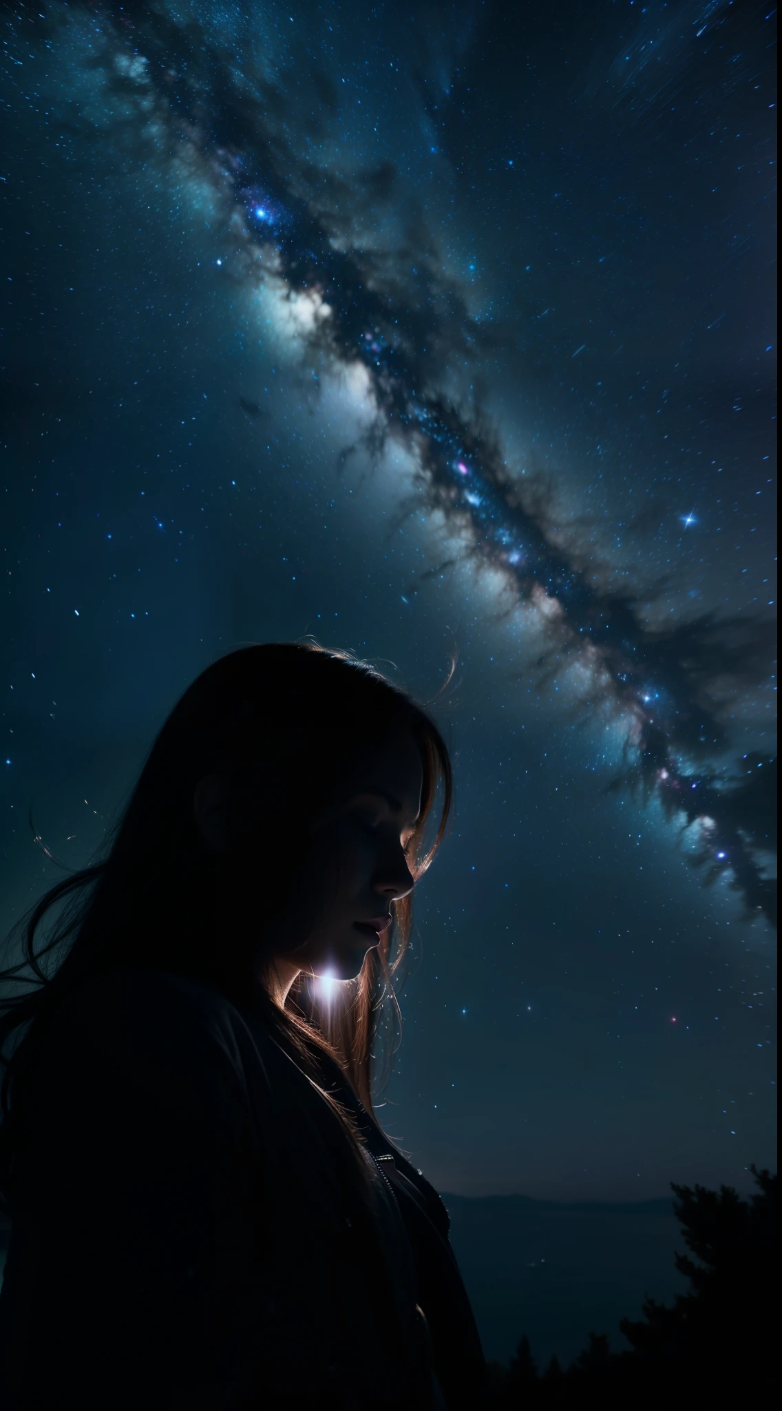 Night girls side face closed eyes starry sky(Best quality, Detailed details, Masterpiece, offcial art, movie light effect, 4K, Chiaroscuro，Ultra-realistic Highly detailed Canon videography  )  Light Painting