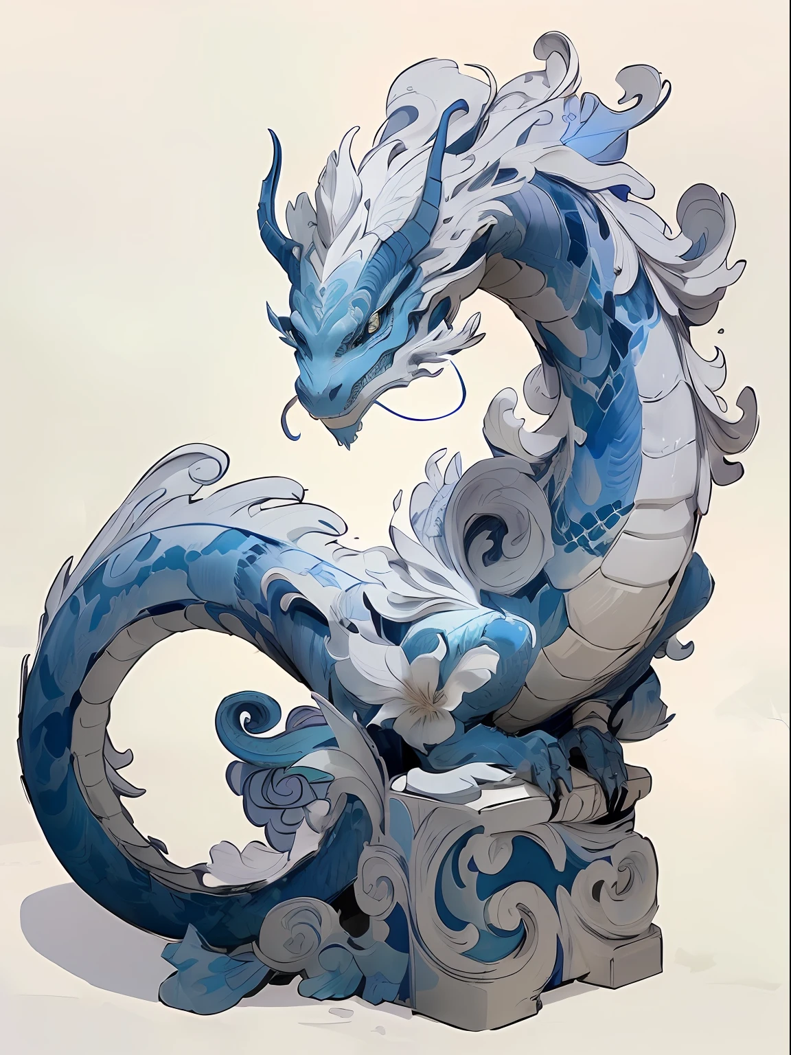 There is a dragon statue made of paper,It has a blue and white pattern on it, water dragon, chinese dragon concept art, Blue dragon, Dragon Art, intricate ornate anime cgi style, cyan chinese dragon fantasy, smooth chinese dragon, highly detailed water colour 8k, highly detailed water colour 8 k, inspired by Kanō Naizen, majestic japanese dragon, highly detailed and colored --auto