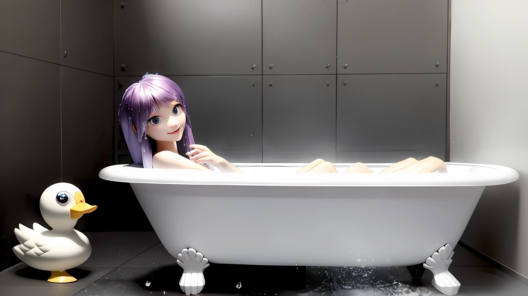 masterpiece、(Photorealsitic:1.4)、top-quality、beautiful lighting、(ulzzang-6500:0.5)、Makima \(chain saw man\)、(Bob hair)+(A dark-haired)+(bangss)、blue eyess、blue eyess、laugh、((Ring-shaped eyes))、RAW Photography、8k UHD、film grains、Starlight Glimmer、Starlight Glimmer from My Little Pony、Starlight Glimmer as a girl、Gorgeous hair、lush hair、Lying in the bathroom、Spread your legs、Lots of white foam、bath room、Rubber duck、washcloth、soap、wetting hair、Water at waist depth、White foam everywhere、steams、bathing