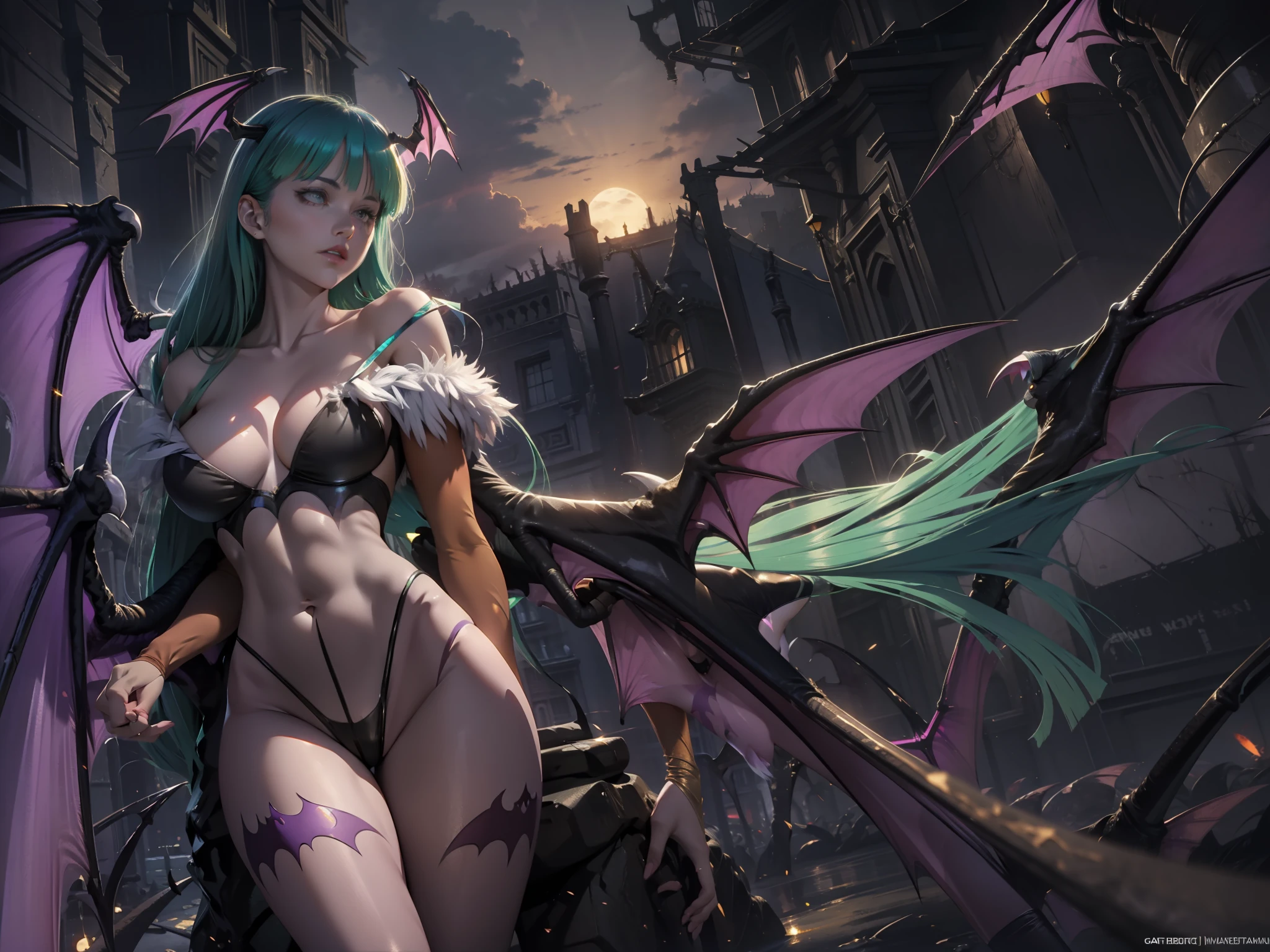 (detailed line art of a Morrigan Aensland,dark stalkers),  natural body posture,  alluring facial expression, golden shining eyes, dark eyeshadow, moonlight, Art by Carne Griffiths, by Wadim Kashin, by jean baptiste monge, symmetrical, (Dutch angle shot: 1.5)digital painting, concept art, voluminetric lighting,TanvirTamim, metallic reflections, 2d render, 8k. by artgerm, trending on artstation