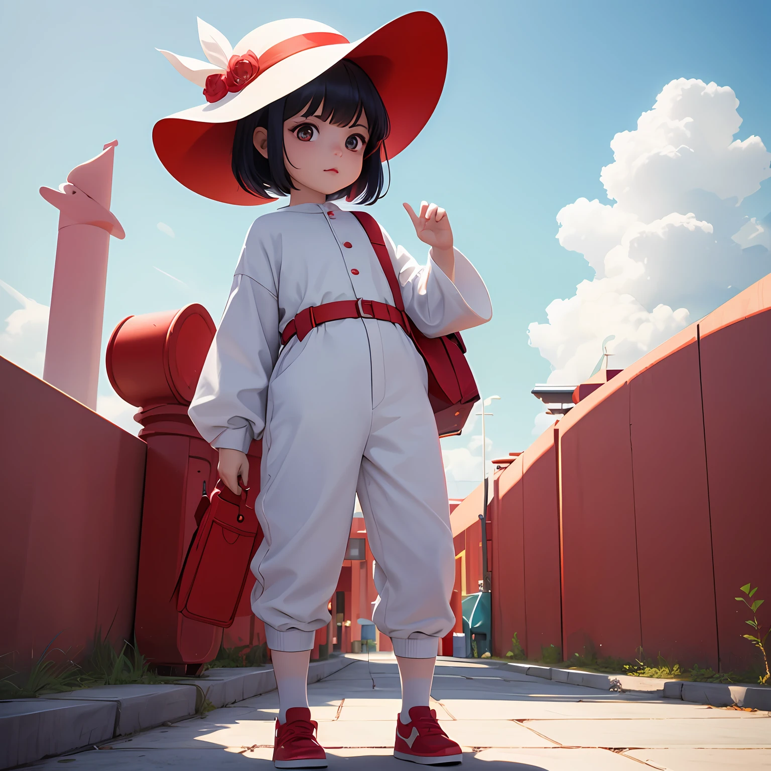 a cute wearing red braces and pants,wearing a white hat,standing naturally,with a frount and full body,POPMART style,clean and simple design,IP image,advanced natural color matching bright and harmonious,lovely and colorful detailed character design,Behance,Shanghai style,organic sculpture,C4D style,3D animation style character design,cartoon realism,funny character design,ray tracing,children's book illustration style,clean white background,best lighting,8k,best quality --iw 0.5 --q 2 --s 750 --niji 5 --auto