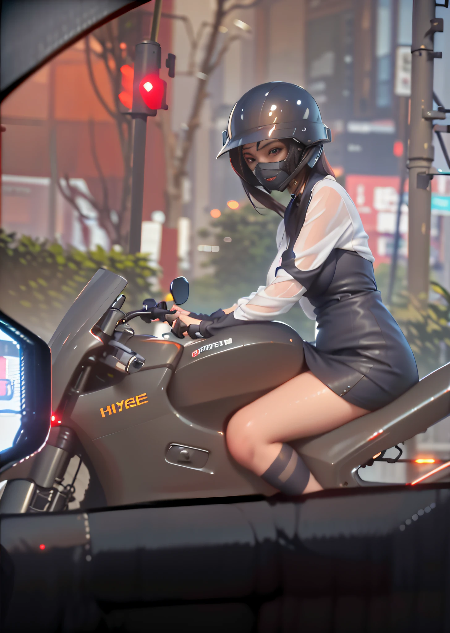 raining day，Beautiful woman riding motorcycle on the street,Wear a helmet to cover your face，ultra HD picture quality，sexyposture，Lots of detail，Realistic graphics，Hot figure， Cocked buttocks，Not a trace of excess fat，  big breasts thin waist，，The body is soaked，sitting on cyberpunk motorbike, Ride a sport motorcycle,  ,,