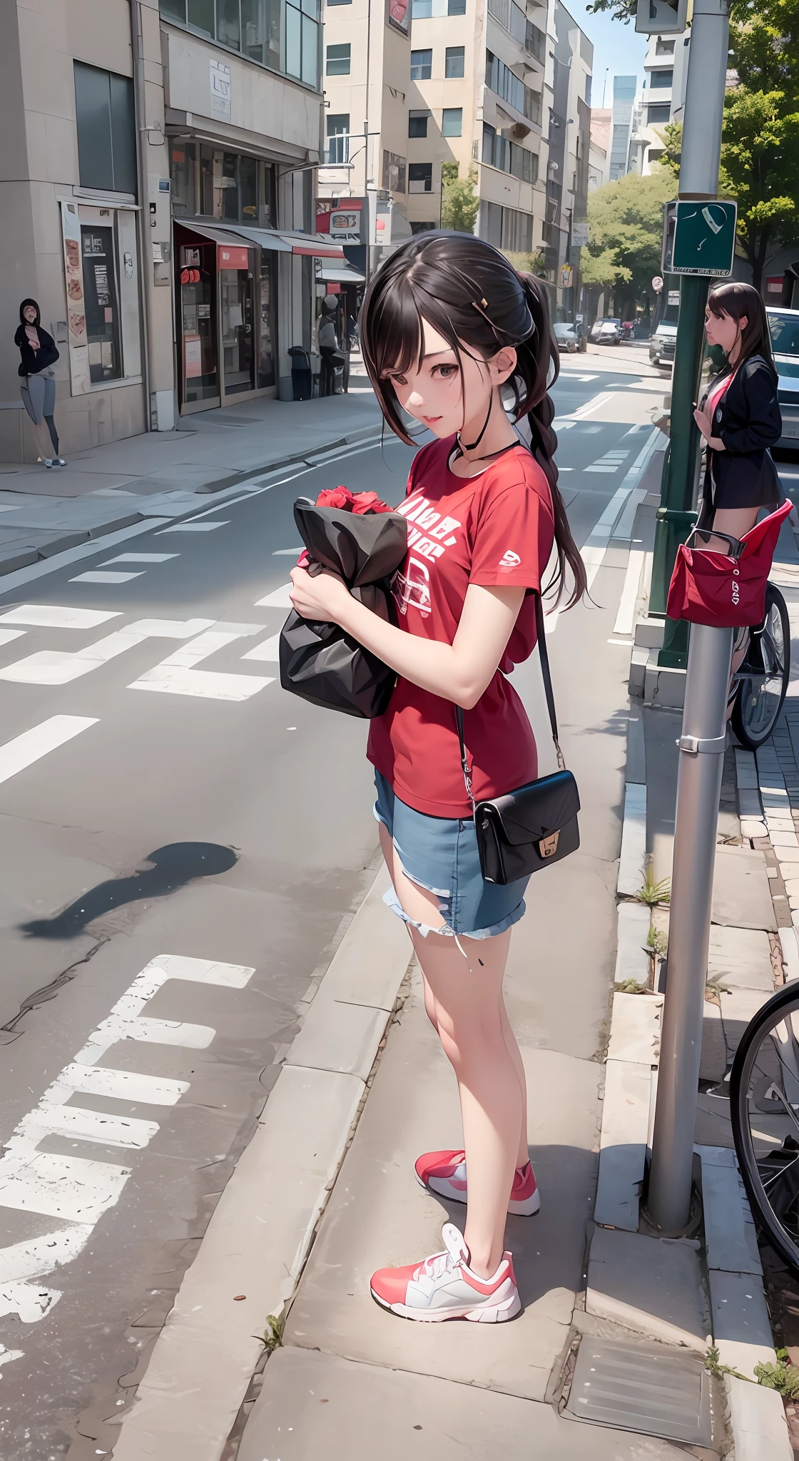 A woman stood on the sidewalk,Roses in hand, chinese artist, Unreal 5, standing in a city center, On the street, animemanga girl, Anime moe art style,Portrait art in anime style,Twist braids,red t-shirt,denim short,athletic sneakers,LV cross-body bag