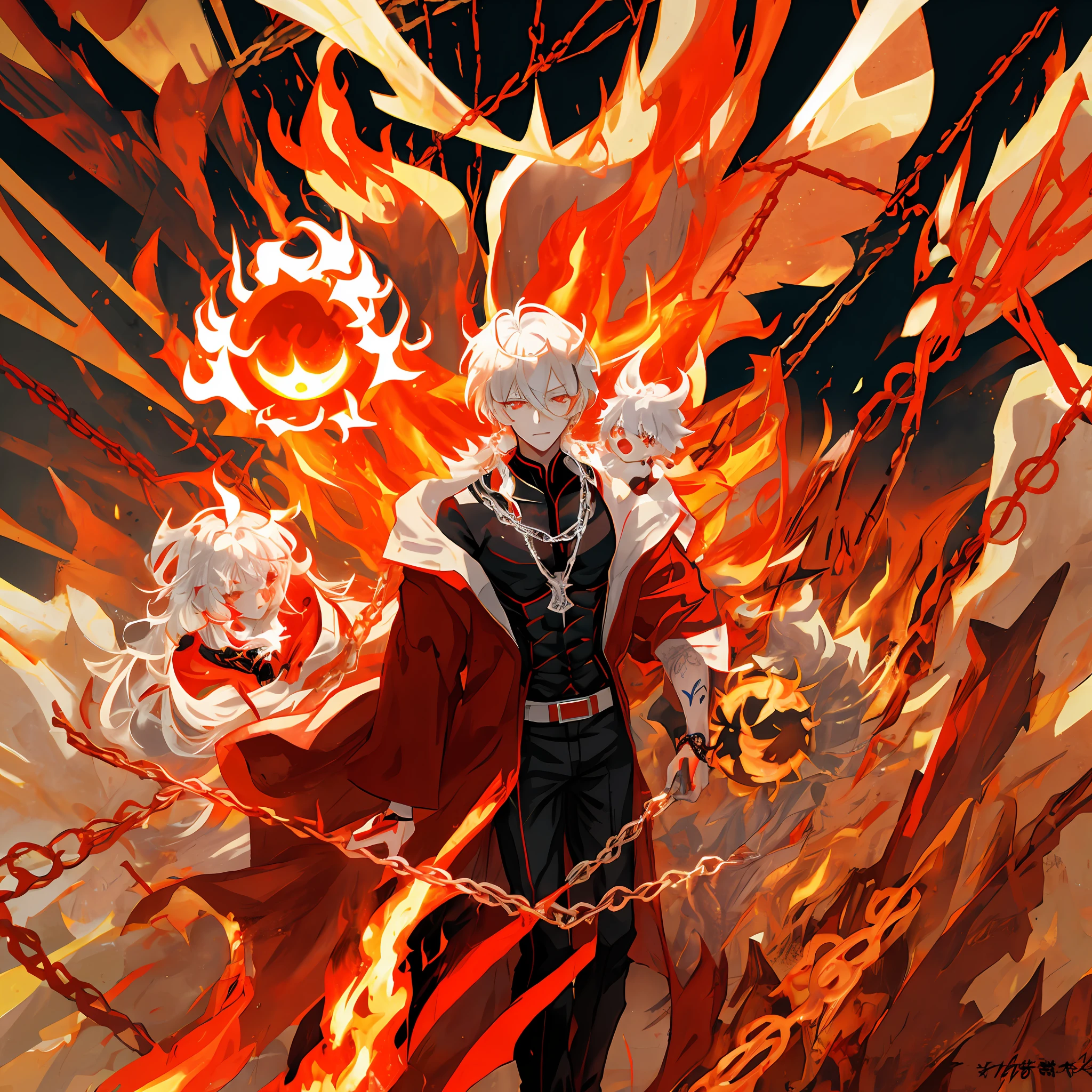 Anime style Flame Dragon God 25 years old National style Costume boy Surrounded by fire-red chains Behind him is a sun-like fireball with cracks Wearing a black and red robe with tattoos Abs Height one meter eight Handsome White hair Long hair Red pupils Floating in the air Proud Looking forward