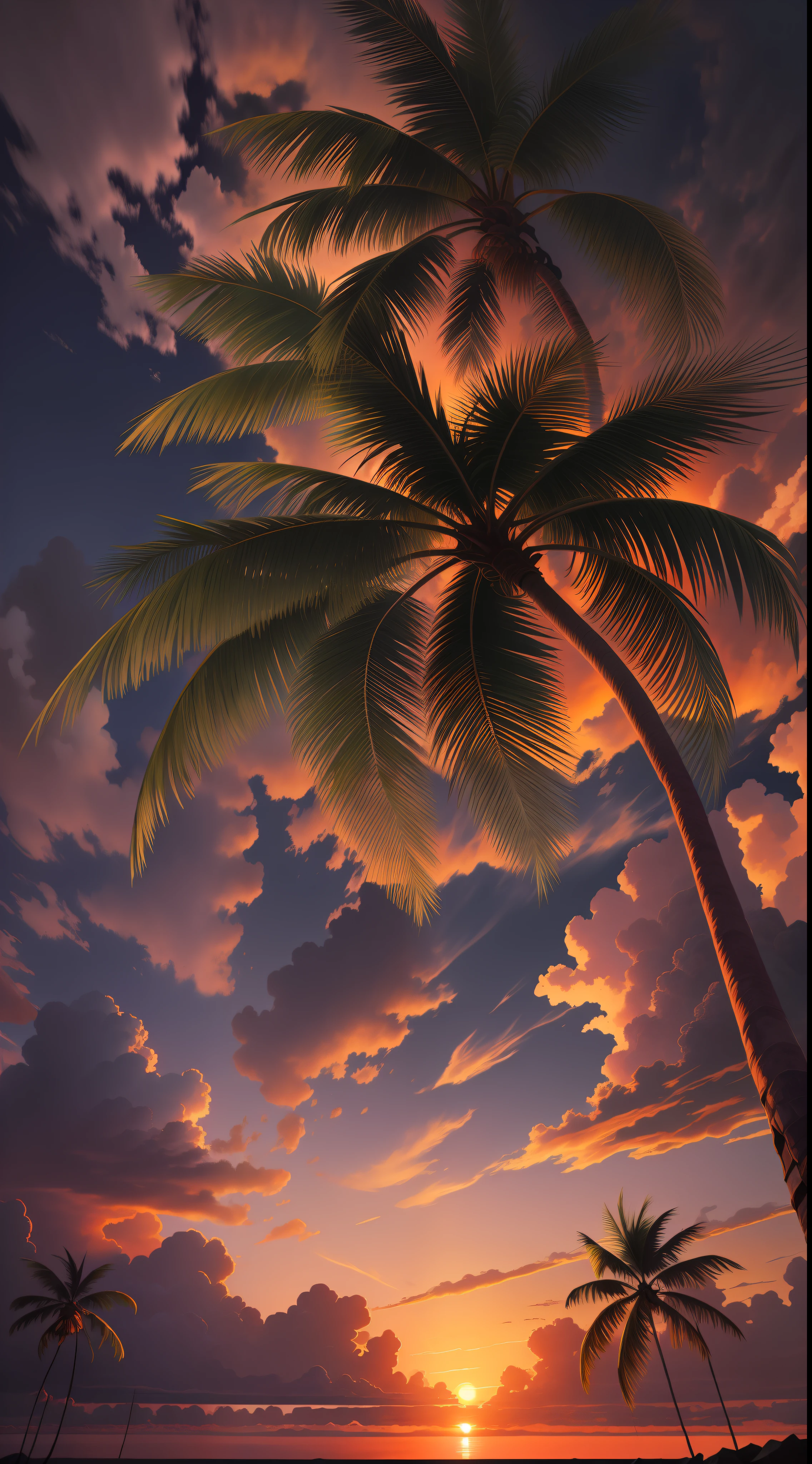 Sunset with coconut tree, coconut trees,colorful, cloudy,high resolution, high quality