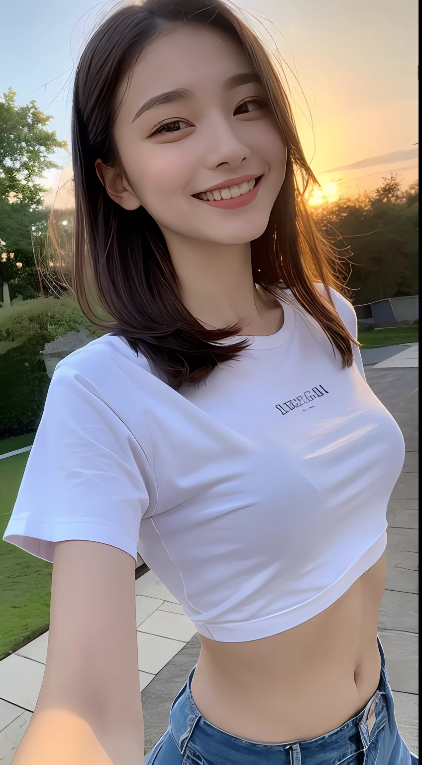 ((Best Quality, 8K, Masterpiece: 1.3)), 1 Girl, Slim Abs Beauty: 1.3, (Hairstyle Casual, Big: 1.2), Super Slender Face, Delicate Eyes, Double Eyelids, Smile, Outdoor, Sunset, T-Shirt, Shoulders Fluttering