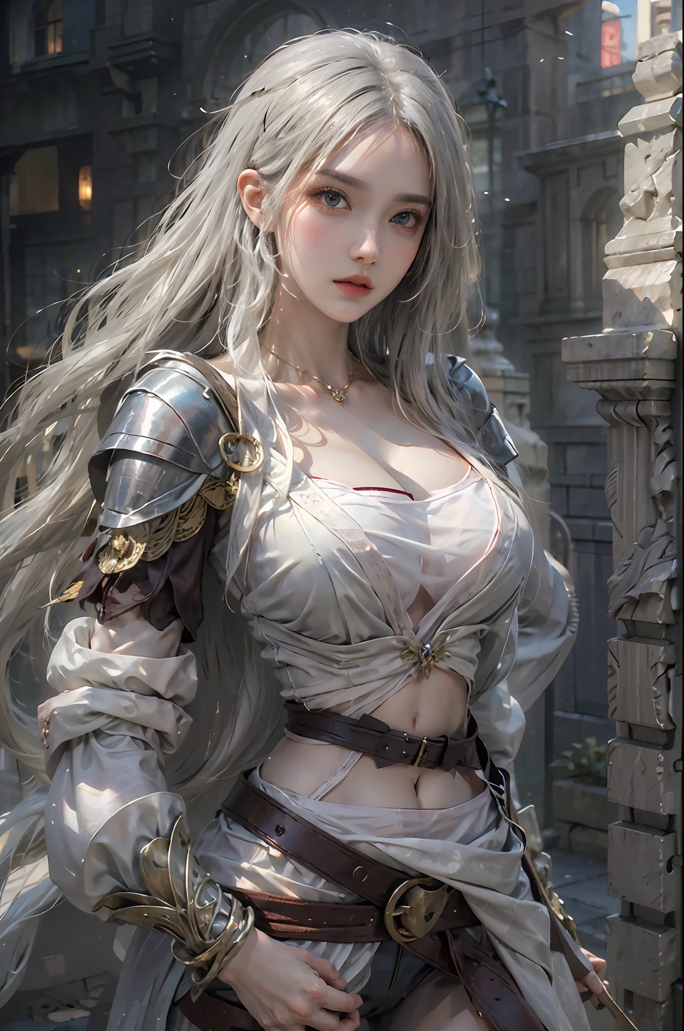 photorealistic, high resolution, 1 girl, hips up, white long hair, beautiful eyes, normal breast, dark souls style
