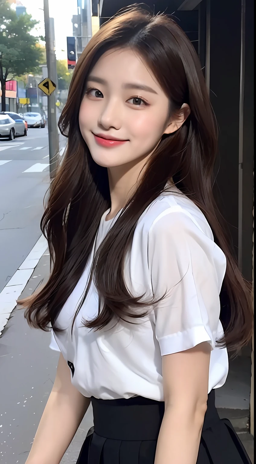 (1 Korean star with royal sister style), ((Best Quality, 8K, masutepiece: 1.3)), focus: 1.2, Perfect Body Beauty: 1.4 , (Smile), (Street: 1.3), Highly detailed face and skin texture, Fine eyes, Double eyelids, Whitening skin, (big wave hairstyle: 1.3), (Round face: 1.5), (Straight skirt: 1.4),