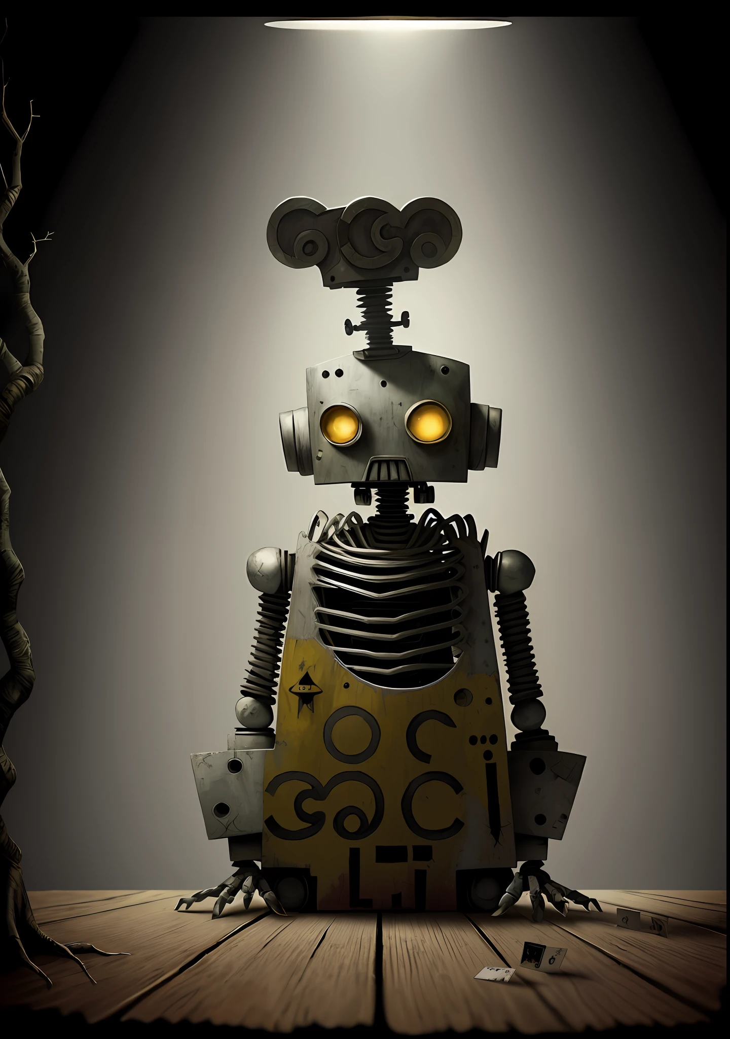 art in the style of roger ballen, comic book vintage, (beautiful CG artwork), (best quality, ultra-detailed, high resolution), (masterpiece, top quality, best quality, official art,  (good lighting:1.1), Tarrot card style, AI robot sitting on branch