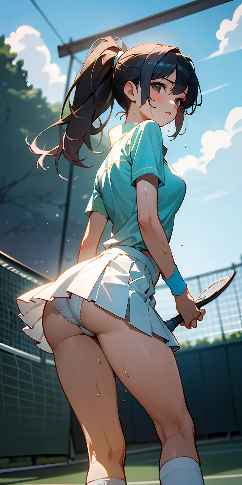 1girll,tennis player,s the perfect face,crisp breasts, Convex buttocks,White sports short sleeves,Short white pleated skirt,White lace panties,White sport socks,White tennis shoes,Wet hair,High ponytail,body soaking wet,Swing the paddle,tennis court,Sunnyday,Clouds, Detailed background, Clothing details, perfectly proportioned, filmgrain, Fuji colors, lightand shade contrast, tmasterpiece, high detal, high qulity, A high resolution, Cinematic lighting, 8K, Textured skin, Super detail