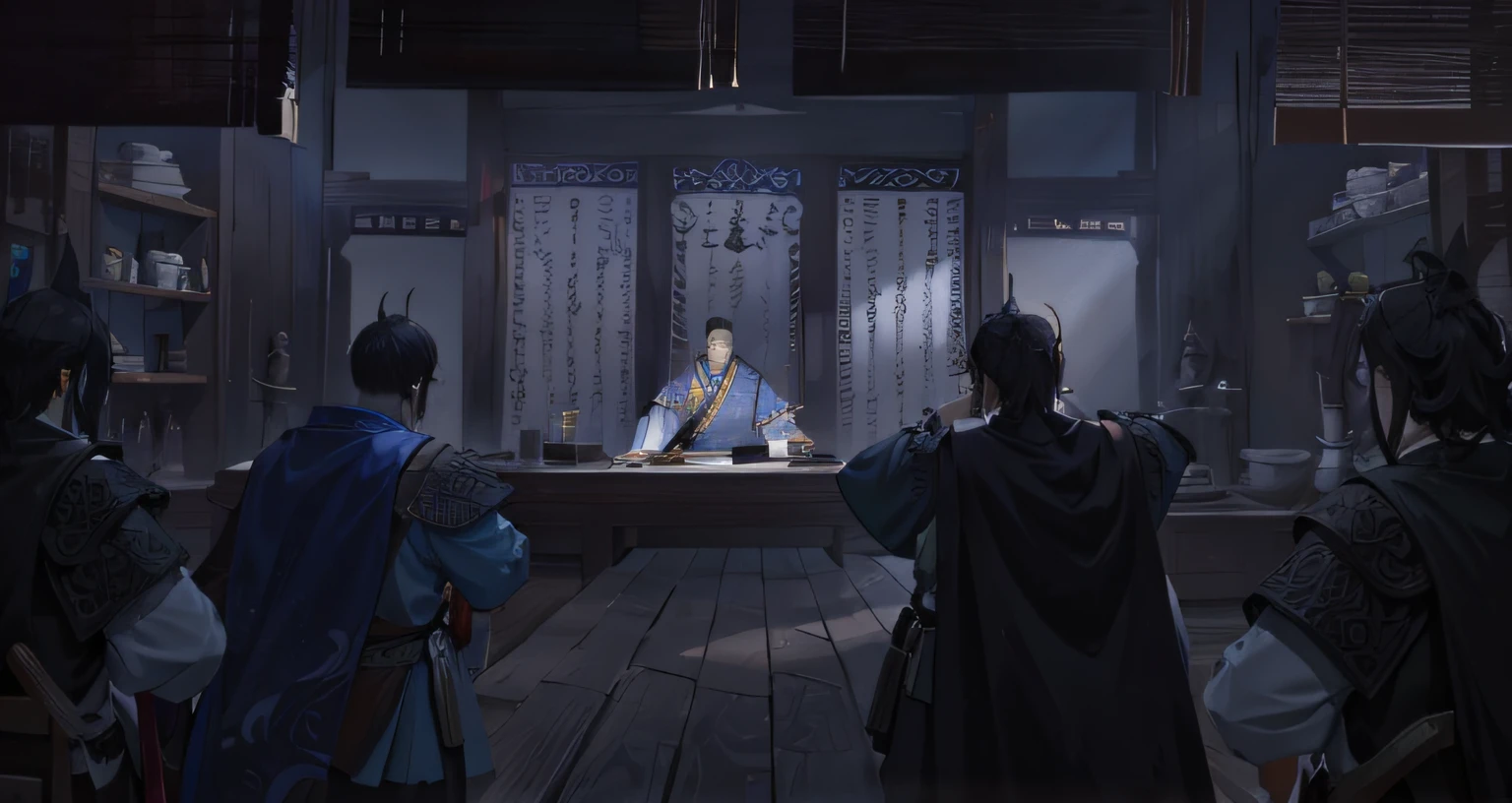 The emperor and his guards were in a room with a table, author：Han Gan, author：Li Zai, robed figures sat around a table, concept art scene, author：Fan Qi, author：Chen Jiru, author：Shitao, chinese three kingdoms, confucius and jury trial, by Yang J, by Ni Yuanlu, by Xuande Emperor