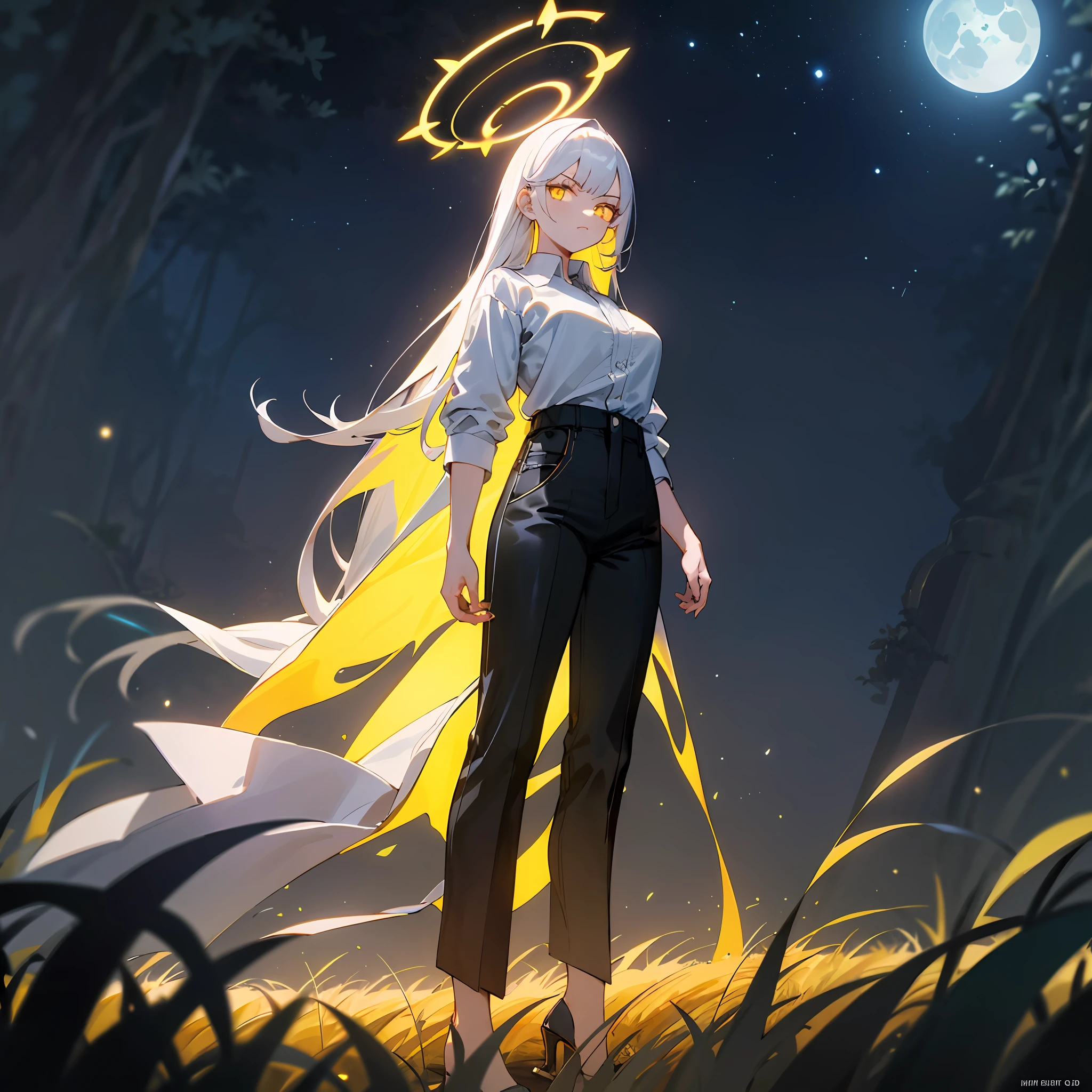 1((masterpiece,best quality,highest quality,illustration,intricate details)),white hair, white halo, blue archive style halo, standing, white shirt, long black pants, white high heels, big breasts, (long hair), 1girl, yellow eyes, good eyes, glowing yellow eyes, normal eyes, Serious face, night,stars, full moon, overlook,kingdom, panorama, landscape,field, rural, looking at viewer,