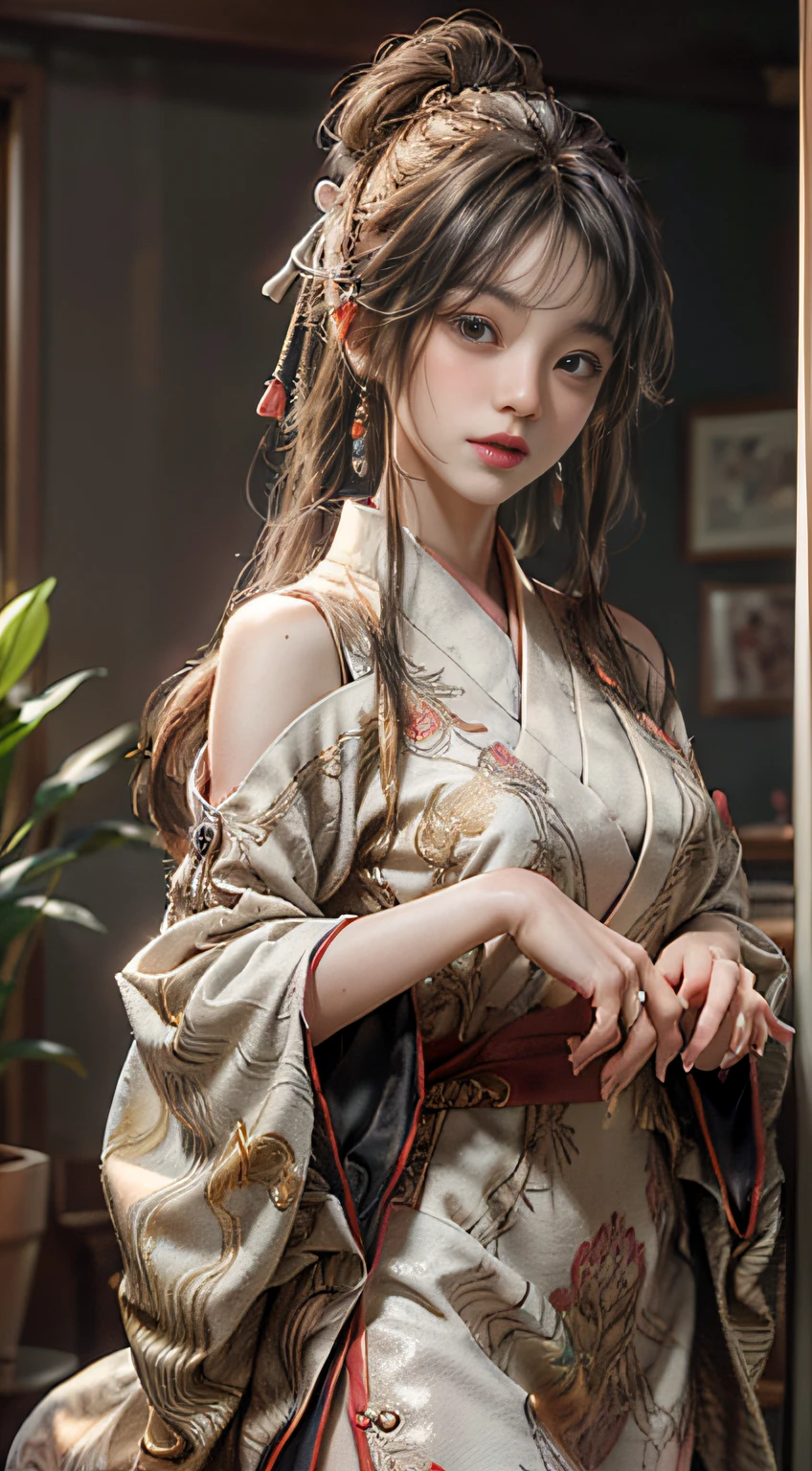 ((best qualtiy)), ((tmasterpiece)), (the detail:1.4), 3D, A beautiful cyberpunk female image,HDR（HighDynamicRange）,Ray traching,NVIDIA RTX,Super-Resolution,Unreal 5,Subsurface scattering、PBR Texture、post-proces、Anisotropy Filtering、depth of fields、maximum definition and sharpness、Many-Layer Textures、Albedo e mapas Speculares、Surface Coloring、Accurate simulation of light-material interactions、perfectly proportions、Octane Render、Two-colored light、largeaperture、Low ISO、White balance、the rule of thirds、8K RAW，(Delicate figure:1.5),Absolutely beautiful,(Milky skin:1.3),exquisitedetails,A high resolution,Wallpapers,1female,独奏,shift dresses,hair adornments,(((Golden and red dress)) ), florals, long whitr hair, A brown-haired, Keep one's mouth shut, trinkets, longer sleeves, Raise Hand, Wide sleeves, Big eyes, Fluttering, Hanfu, Hanfu, embroidery, long  skirt, natural poses, falling flower petals, inside in room, Fanning,lanterns，16K，HDR，A high resolution，depth of fields，（filmgrain：1.1），Bocoon，prime time，（lens flare glow），Vignette，rainbowing，（Color：1.5）