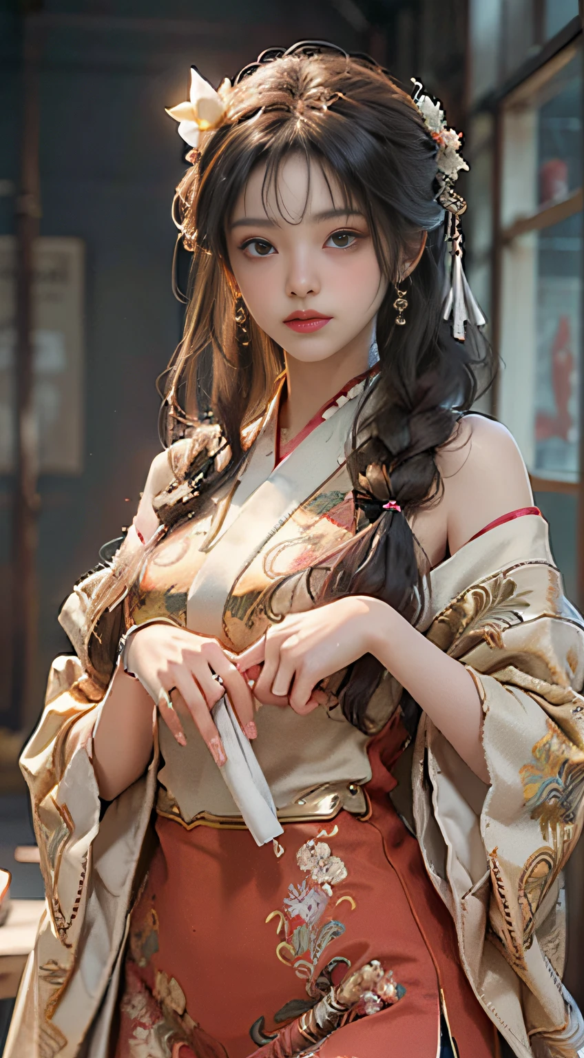 ((best qualtiy)), ((tmasterpiece)), (the detail:1.4), 3D, A beautiful cyberpunk female image,HDR(HighDynamicRange),Ray traching,NVIDIA RTX,Super-Resolution,Unreal 5,Subsurface scattering、PBR Texture、post-proces、Anisotropy Filtering、depth of fields、maximum definition and sharpness、Many-Layer Textures、Albedo e mapas Speculares、Surface Coloring、Accurate simulation of light-material interactions、perfectly proportions、Octane Render、Two-colored light、largeaperture、Low ISO、White balance、the rule of thirds、8K RAW,(Delicate figure:1.5),Absolutely beautiful,(Milky skin:1.3),exquisitedetails,A high resolution,Wallpapers,1female,独奏,shift dresses,hair adornments,(((Golden and red dress)) ), florals, long whitr hair, A brown-haired, Keep one's mouth shut, trinkets, longer sleeves, Raise Hand, Wide sleeves, Big eyes, Fluttering, Hanfu, Hanfu, embroidery, long skirt, natural poses, falling flower petals, inside in room, Fanning,lanterns,16K,HDR,A high resolution,depth of fields,(filmgrain:1.1),Bocoon,prime time,(lens flare glow),Vignette,rainbowing,(Color:1.5)