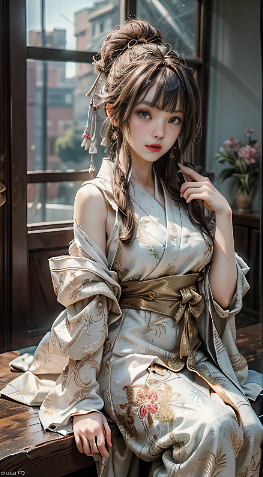 ((best qualtiy)), ((tmasterpiece)), (the detail:1.4), 3D, A beautiful cyberpunk female image,HDR(HighDynamicRange),Ray traching,NVIDIA RTX,Super-Resolution,Unreal 5,Subsurface scattering、PBR Texture、post-proces、Anisotropy Filtering、depth of fields、maximum definition and sharpness、Many-Layer Textures、Albedo e mapas Speculares、Surface Coloring、Accurate simulation of light-material interactions、perfectly proportions、Octane Render、Two-colored light、largeaperture、Low ISO、White balance、the rule of thirds、8K RAW,(Delicate figure:1.5),Absolutely beautiful,(Milky skin:1.3),exquisitedetails,A high resolution,Wallpapers,1female,独奏,shift dresses,hair adornments,(((Golden and red dress)) ), florals, long whitr hair, A brown-haired, Keep one's mouth shut, trinkets, longer sleeves, Raise Hand, Wide sleeves, Big eyes, Fluttering, Hanfu, Hanfu, embroidery, long skirt, natural poses, falling flower petals, inside in room, Fanning,lanterns,16K,HDR,A high resolution,depth of fields,(filmgrain:1.1),Bocoon,prime time,(lens flare glow),Vignette,rainbowing,(Color:1.5)