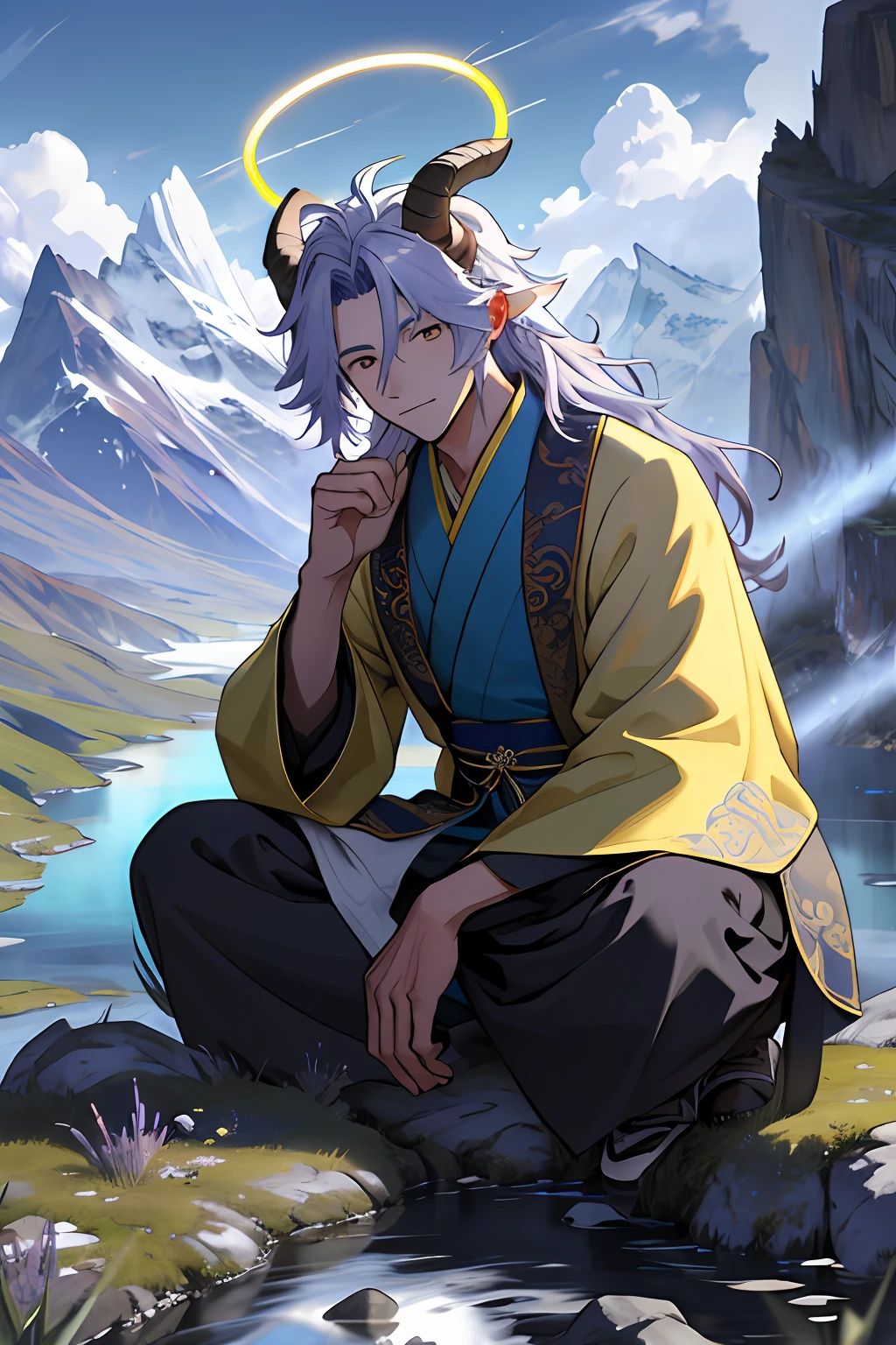 Yellow-robed Taoist,Qigong master,goats,Long lavender hair,on top of mountain,Look at the reels,sheep horns,A masterpiece,Delicate portrayal of facial features,4k画质,Gorgeous light and shadows,Dingdall effect,Halo,Messy hair,Gorgeous scene,intricate detailed clothes,Mountains and rivers,Zodiac sheep elements