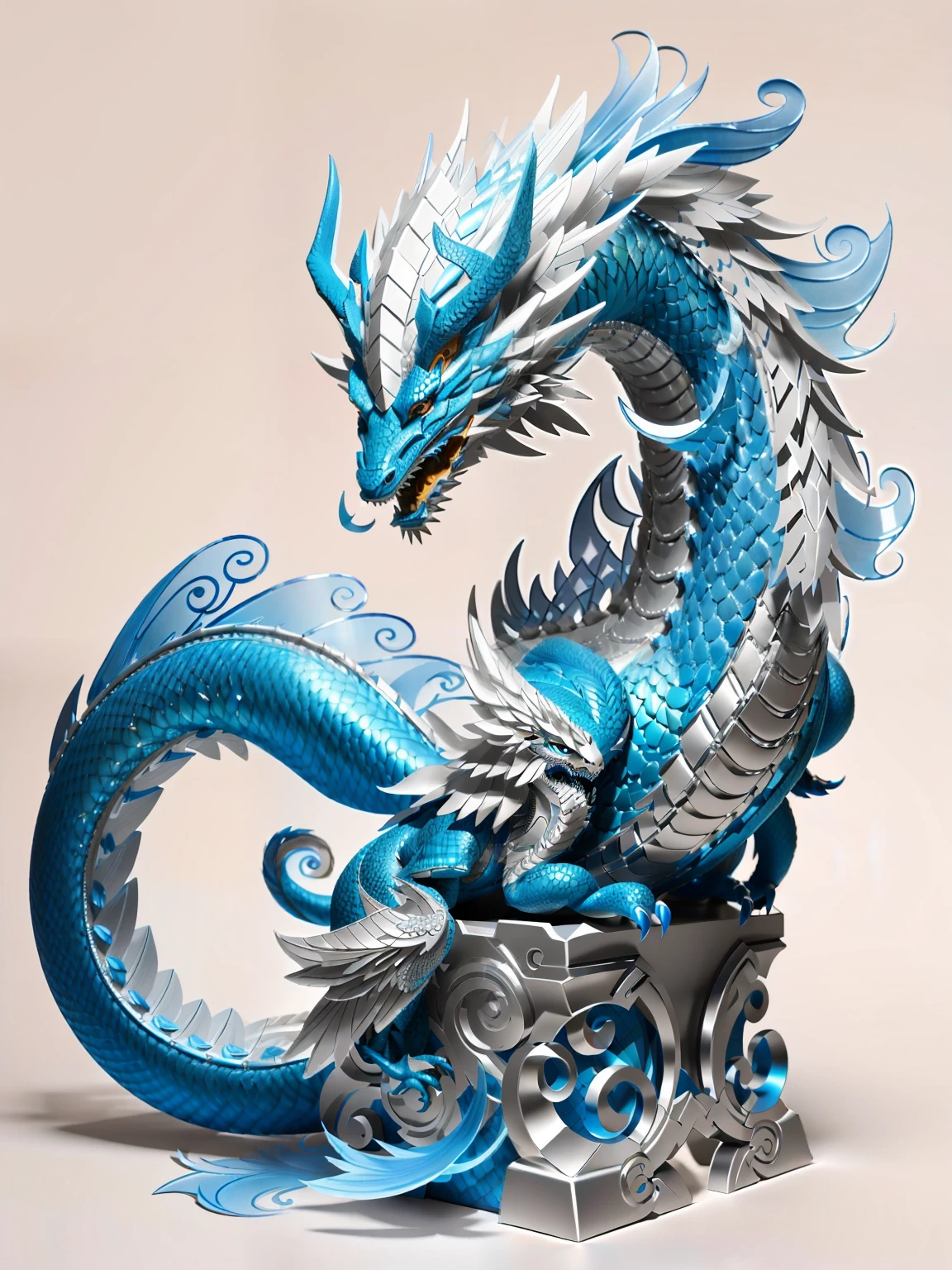 There is a paper sculpture of a dragon on the pedestal, cyan chinese dragon fantasy, chinese dragon concept art, water dragon, Dragon Art, Blue dragon, smooth chinese dragon, majestic japanese dragon, blue scaly dragon, Asian Woman Water Elemental, by Yang J, digital painting highly detailed, intricate ornate anime cgi style, 8k high quality detailed art official art,统一 8k 壁纸,ultra - detailed,Beauty and aesthetics,big breasts beautiful,tmasterpiece,Best quality at best,(zentangle,datura,Tangles,entangled),(ecstasy of flower:1.2)dynamic angle --auto