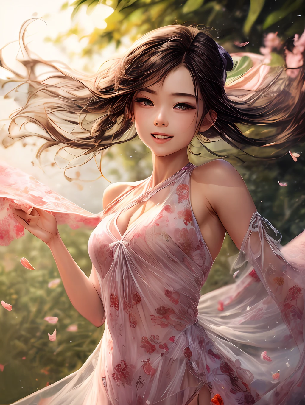 A see-through stole with a light pink floral pattern is held with both hands and swaying in the wind。Wearing a loose see-through halter neck one-piece dress。The skirt is spreading in the wind。Dynamic Posing。Dancing Poses。
Loosely dressed with shoulders shown。Very beautiful girl at 19 years old。
Hair is swaying in the wind。 --auto