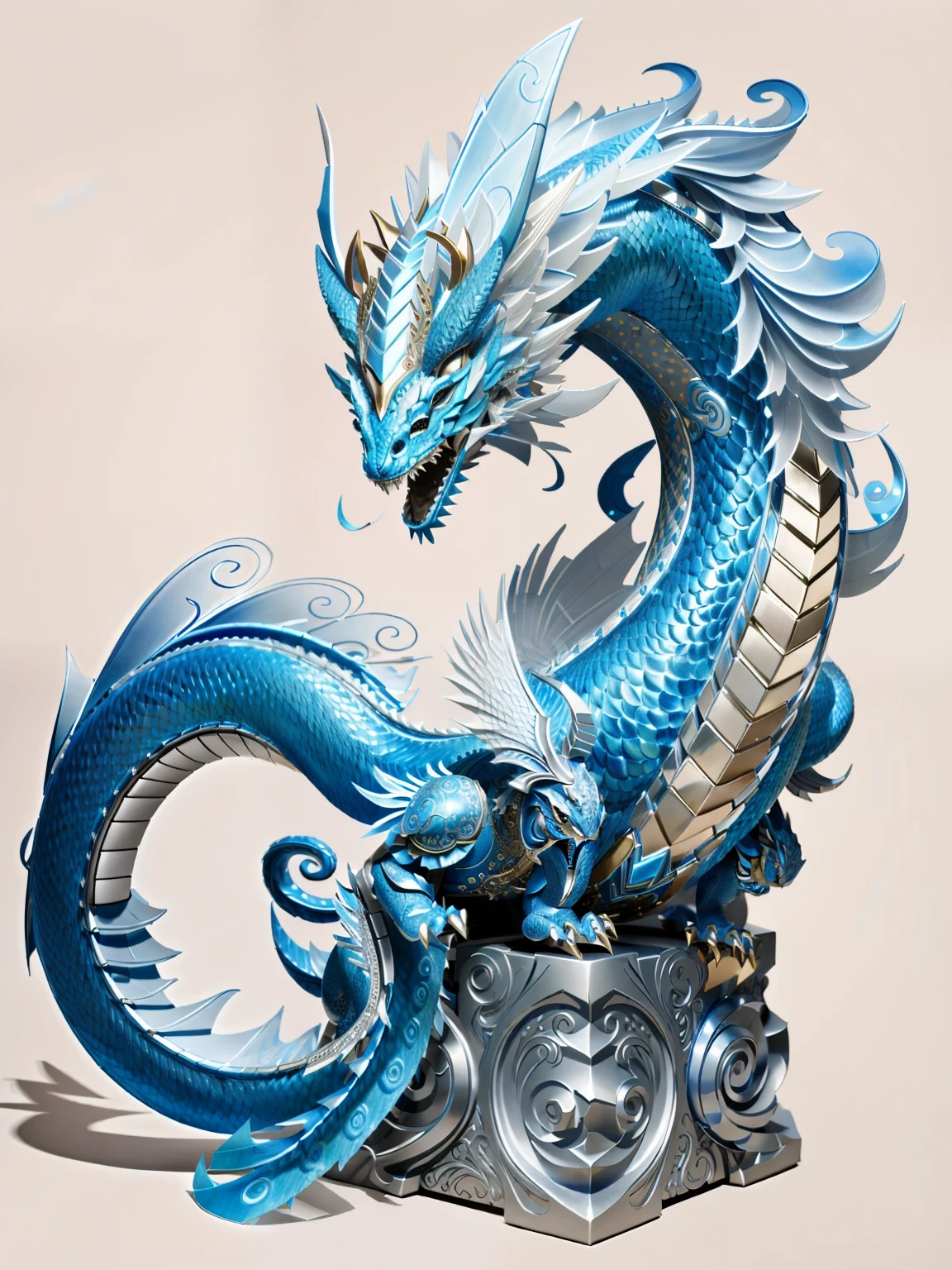 There is a paper sculpture of a dragon on the pedestal, cyan chinese dragon fantasy, chinese dragon concept art, water dragon, Dragon Art, Blue dragon, smooth chinese dragon, majestic japanese dragon, blue scaly dragon, Asian Woman Water Elemental, by Yang J, digital painting highly detailed, intricate ornate anime cgi style, 8k high quality detailed art official art,统一 8k 壁纸,ultra - detailed,Beauty and aesthetics,big breasts beautiful,tmasterpiece,Best quality at best,(zentangle,datura,Tangles,entangled),(ecstasy of flower:1.2)dynamic angle --auto