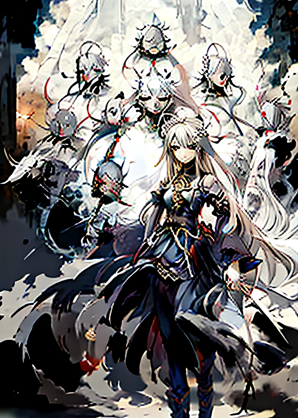 (Anime girl with mask on her head:1.2)【anime style like fate】, Artoria Pendragon, marisa kirisame【Fate stays、fate grand order】, Zero,【inspired by Li Chevalier】, 【fate zero】, rapier, white haired Cangcang, nier autoamata,【female anime character】, White-haired god