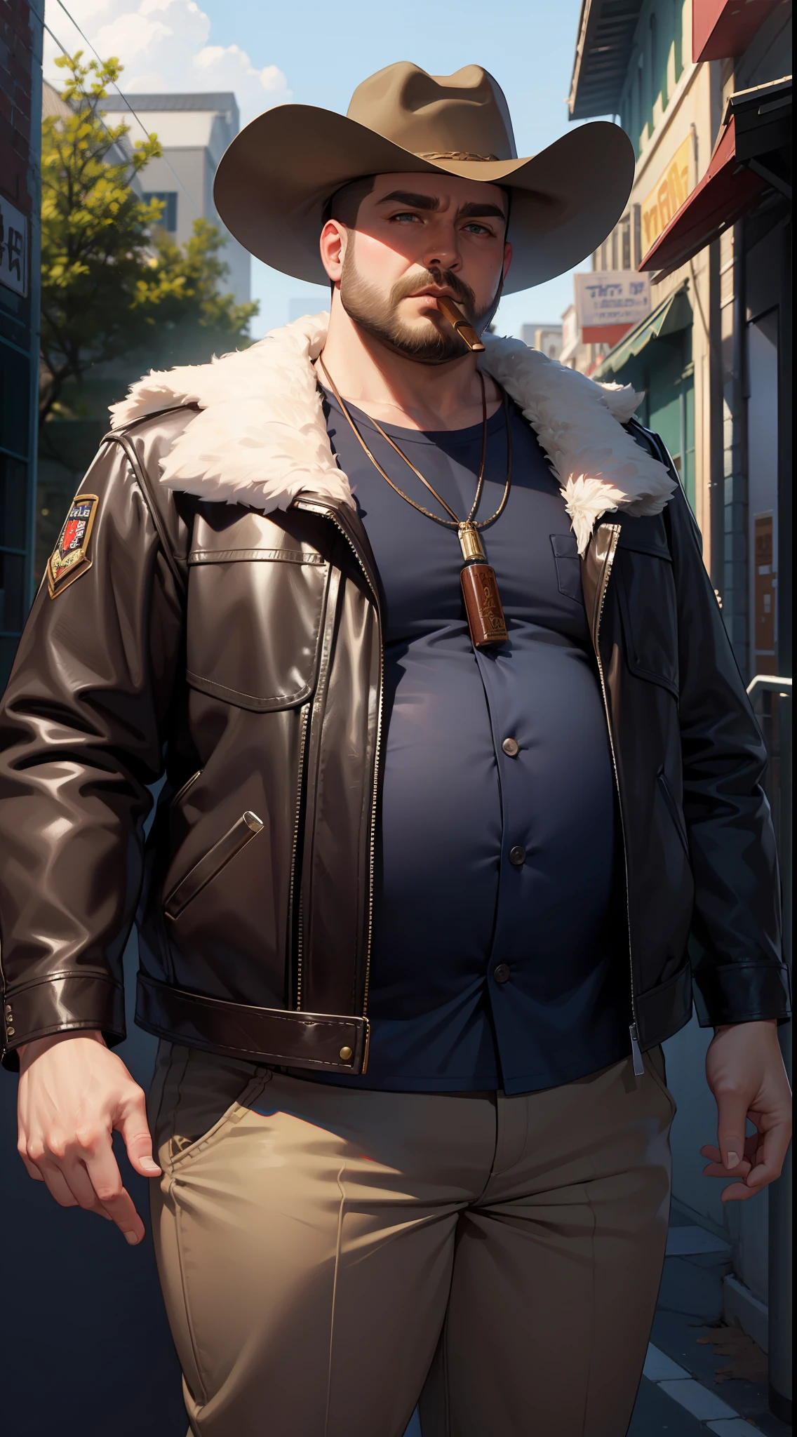 Adult fat man, short blonde hair, beard, blue eye color, cowboy hat, leather jacket, cigar, A serious look, Masterpiece, hiquality
