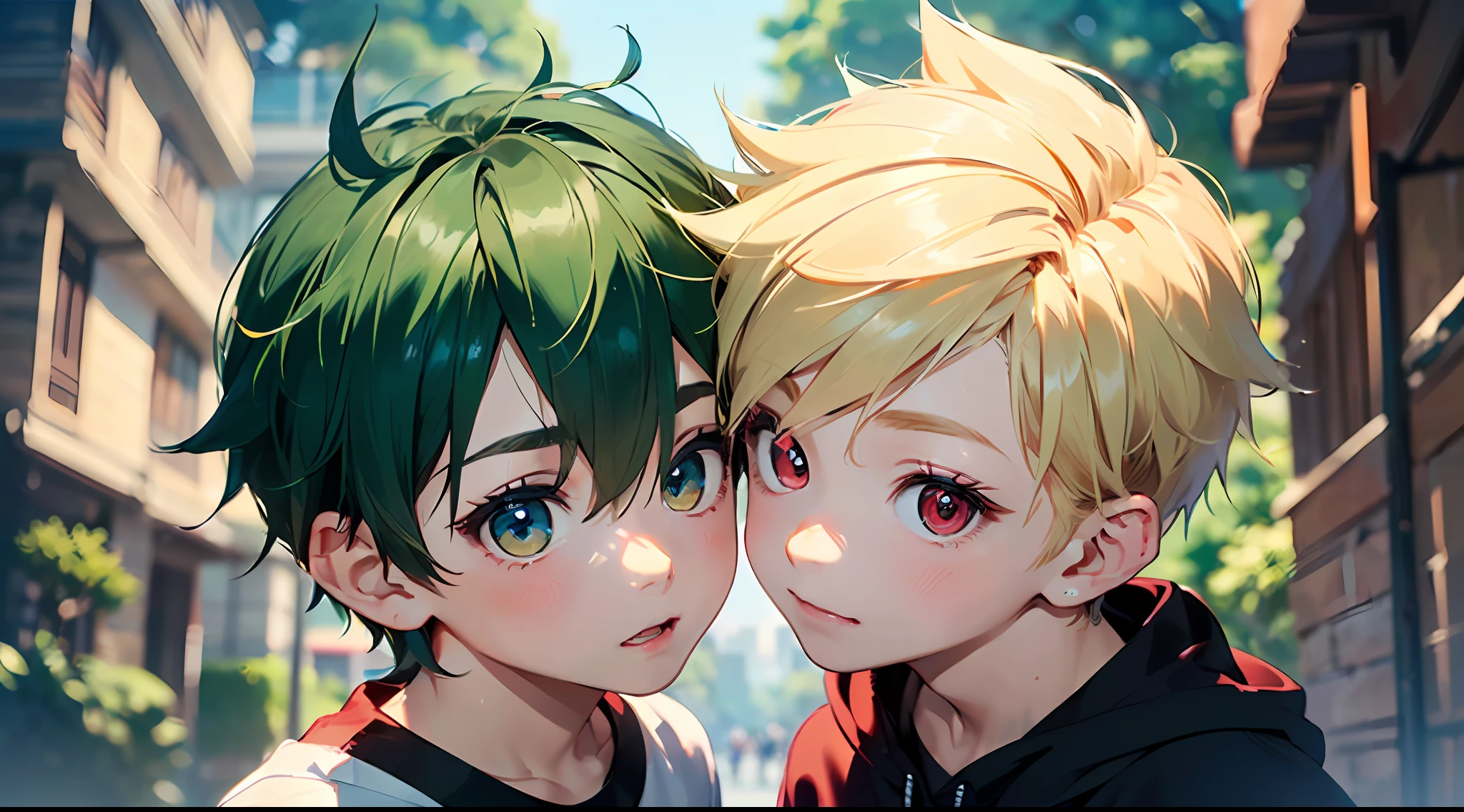 (top-quality:1.4、8K)、( A couple of boys holding their foreheads together:1.3)、(Cool Boy、Blonde spiked hair with red eyes:1.2)、(Cute Boy、Short green hair and big eyes:1.2)、Park background、