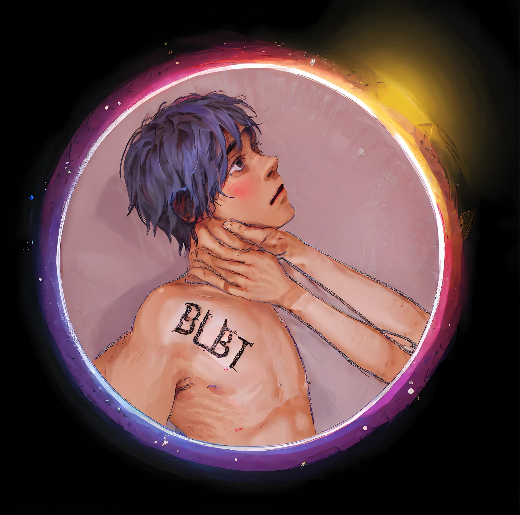 A boy has a tattoo on his chest with the word BLBT, and this boy is pinched by someone else's hand, and the boy's expression is very shy and nervous --auto