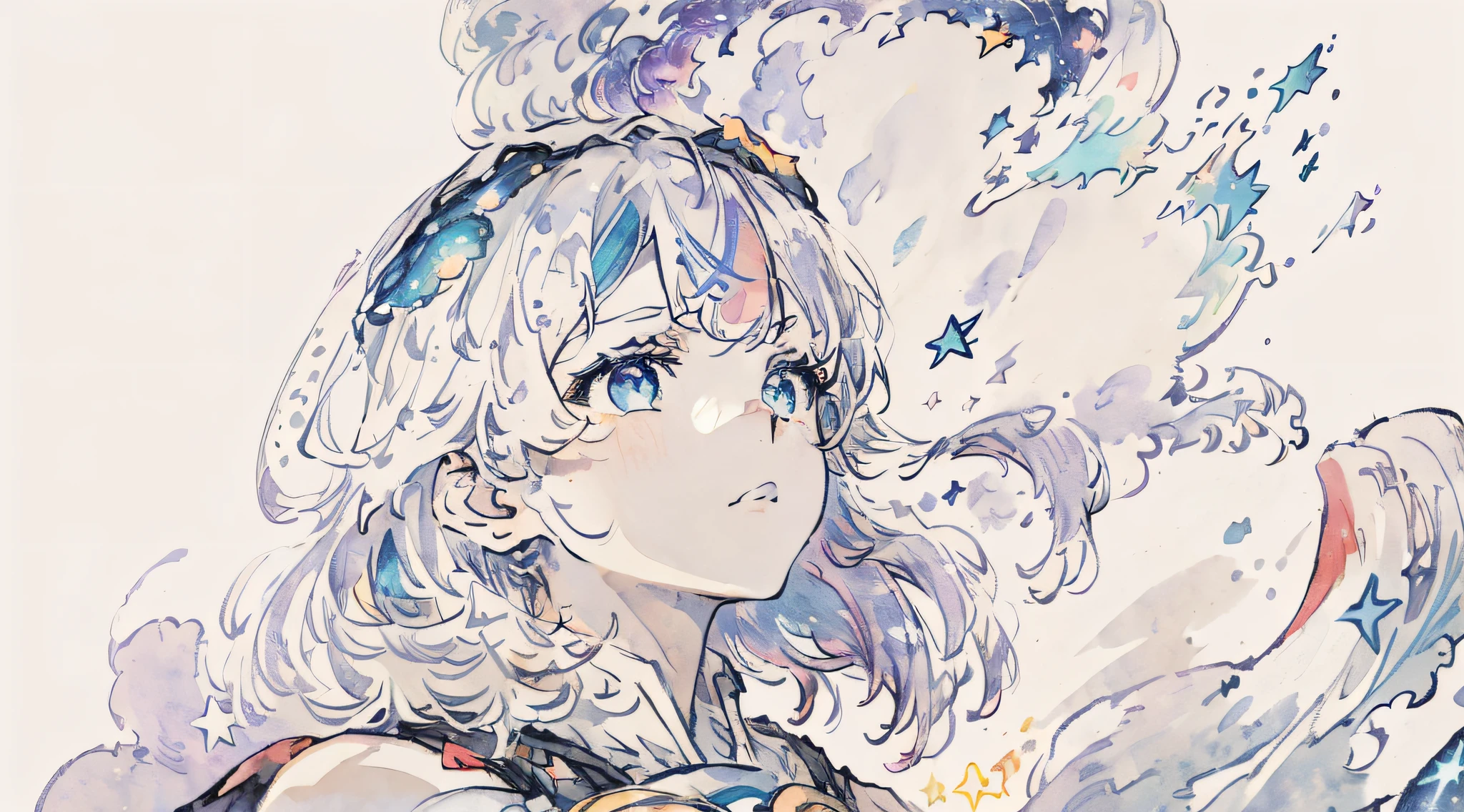 -((masterpiece)), (((best quality))), ((ultra-detailed)), ((illustration)),[realism light effect],shadow,(Fantasy style),(white background:1.6), simple background, (earth theme),(a cloak)[(hair focus,((1girl)),[(big slime hair): (cloud hair):0.3], (hair on background),(high saturation),(hair surrounded by galaxy splashes),(hair surrounded by white dot)):((her hair is becoming galaxy clouds,:1.27628), (hair and clothes is galaxy clouds and cluster of stars:1.1025),(a cloak is becoming galaxy clouds)(colorful_galaxy_print_clusters_of_stars_print:1.35),((detailed starry sky with colorful galaxy and galaxy clouds):1.2)):0.35], (((masterpiece))),(((best quality))),((ultra-detailed)),(illustration),(dynamic angle),((floating)),(paint),((disheveled hair)),((beautiful detailed face)),collar,bare shoulders,white hair, ((colorful hair)),((streaked hair)),beautiful detailed eyes,(Gradient color eyes),(((colorful eyes))),(((colorful background))),(((high saturation))),(((surrounded by colorful splashes))),(((surrounded by colorful dot))),colorful bubble,((shining))
