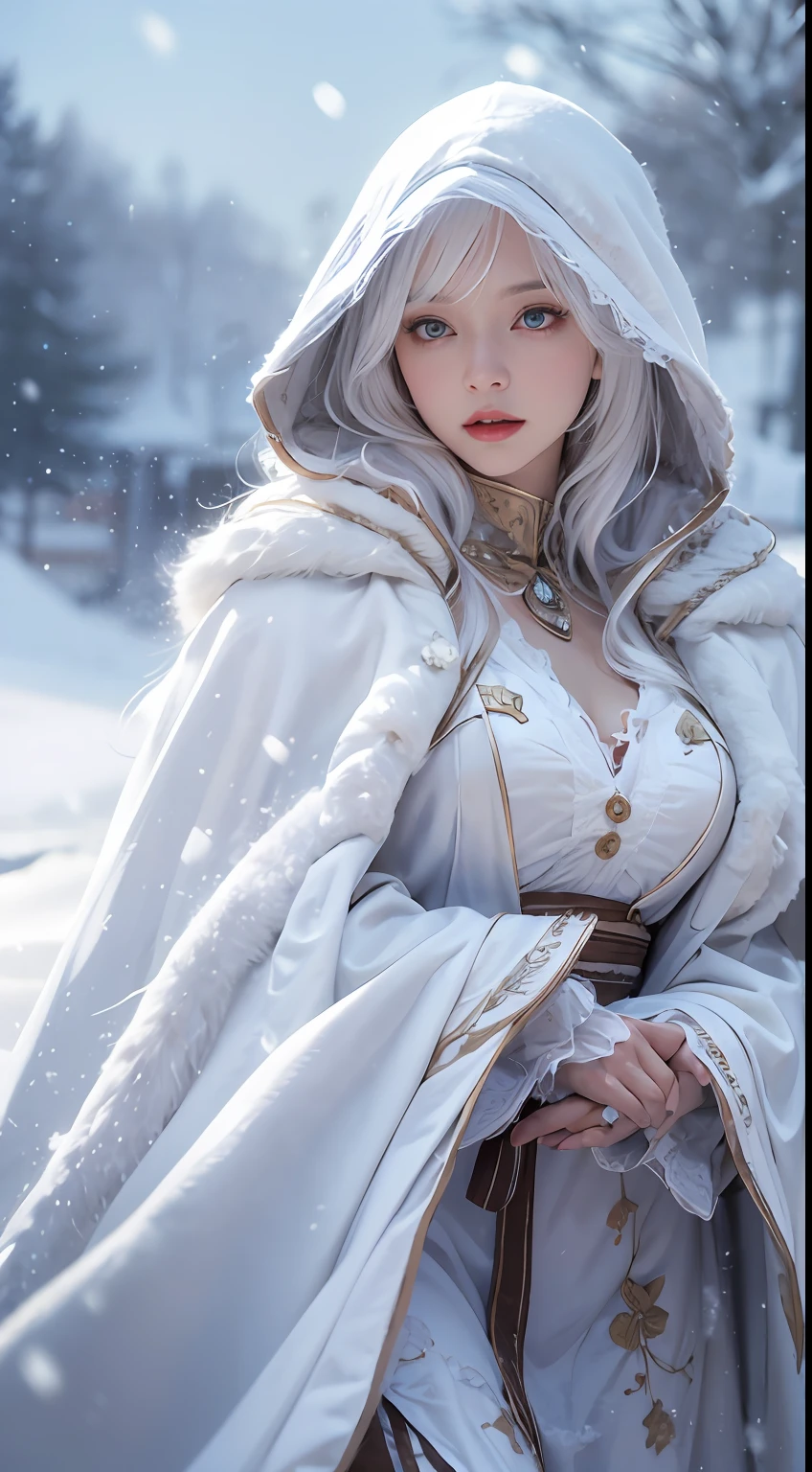 (8k),Photorealistic, high resolution, 1 Women, Solo, Hips up,(ta costume), Beautiful eyes, White hair, ringed eyes, (sitted,Cloak,Cover with snow),snowfield,