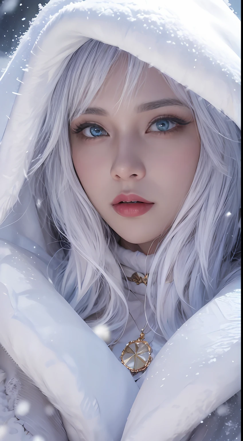 (8k)，Photorealistic, high resolution, 1 Women, Solo, Hips up,(Lolita costume)， Beautiful eyes, White hair, ringed eyes, (sitted，Cloak，Cover with snow)，snowfield，