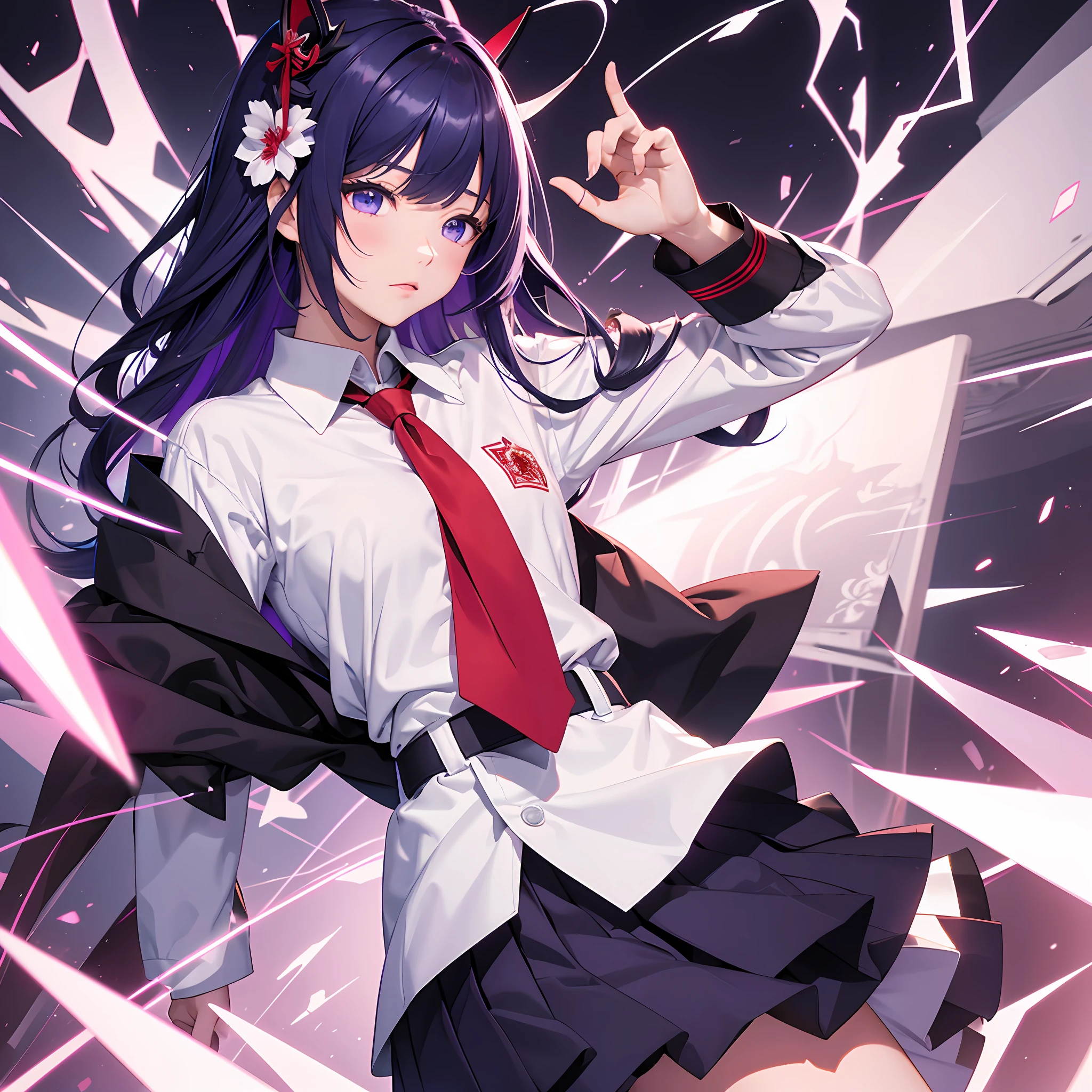 tmasterpiece, Best quality at best, 1girl, 独奏, raiden_genshin,The upper part of the body,校服,white shirt,a skirt,red necktie, --auto