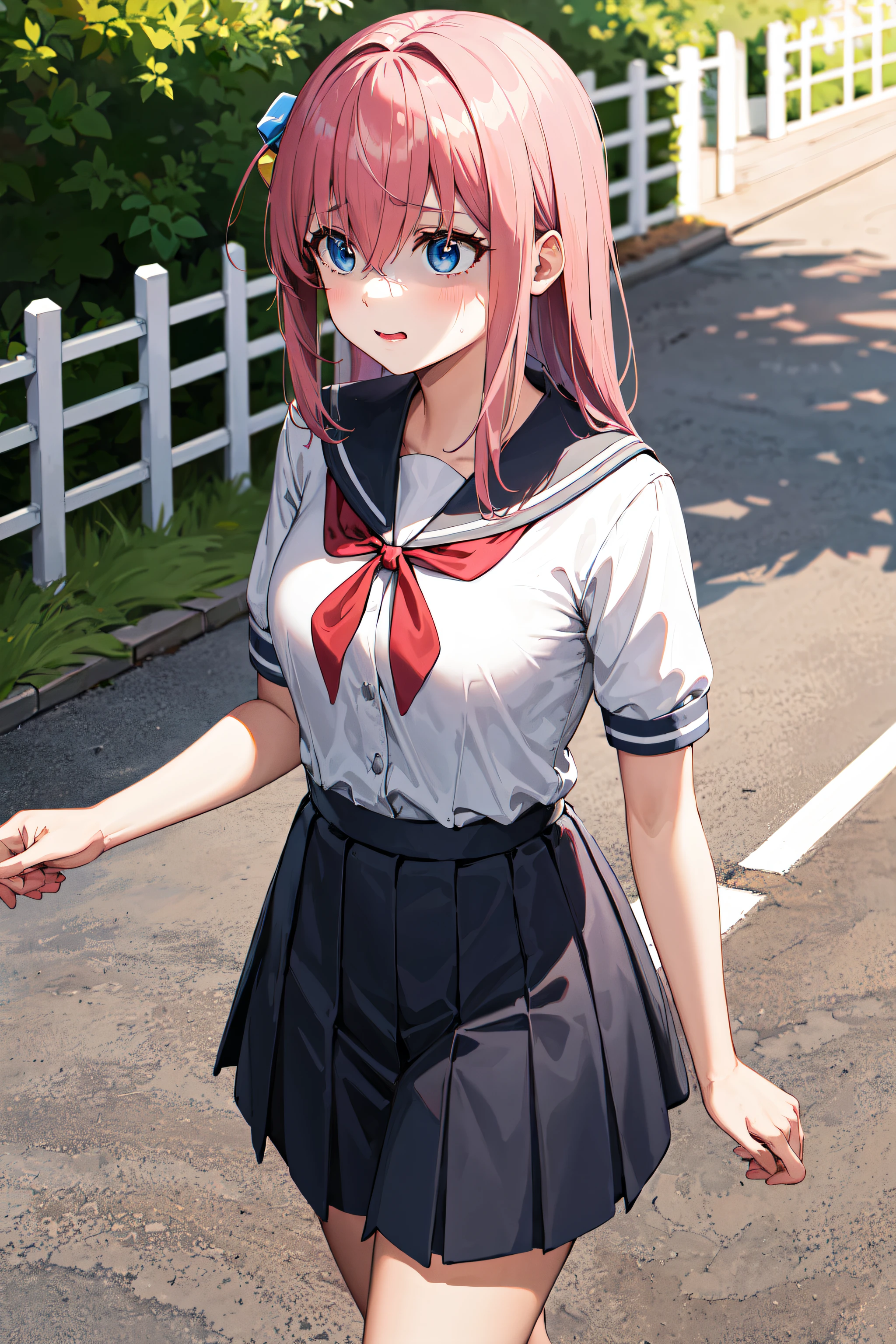 masterpiece, best quality, highres, gotou1, gotou hitori, solo, bangs, hair between eyes, short sleeves, school uniform, skirt, shirt, sailor collar, medium breasts, school, outdoors, walking, shaded face,