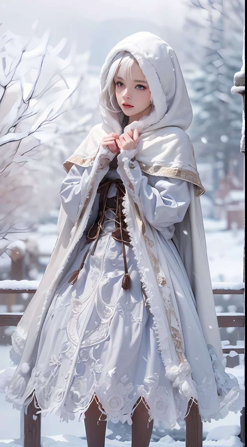 (8K),Photorealistic, high resolution, 1 Women, Solo, (gorgeous,ta costume), Beautiful eyes, White hair, ringed eyes, (sitted,Cloak,Cover with snow),snowfield,