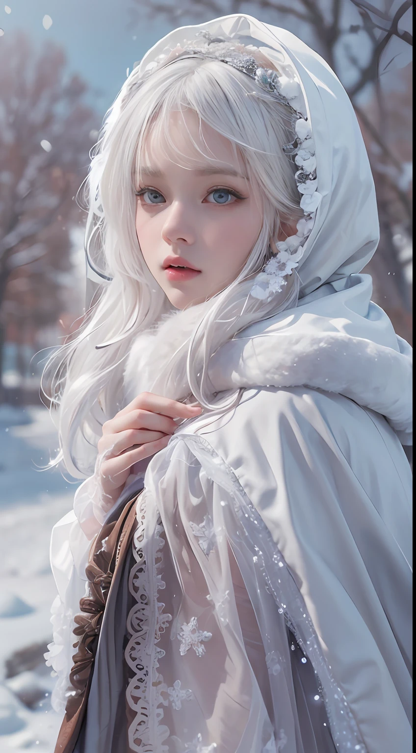 (8K)，Photorealistic, high resolution, 1 Women, Solo, (gorgeous，Lolita costume)， Beautiful eyes, White hair, ringed eyes, (sitted，Cloak，Cover with snow)，snowfield，