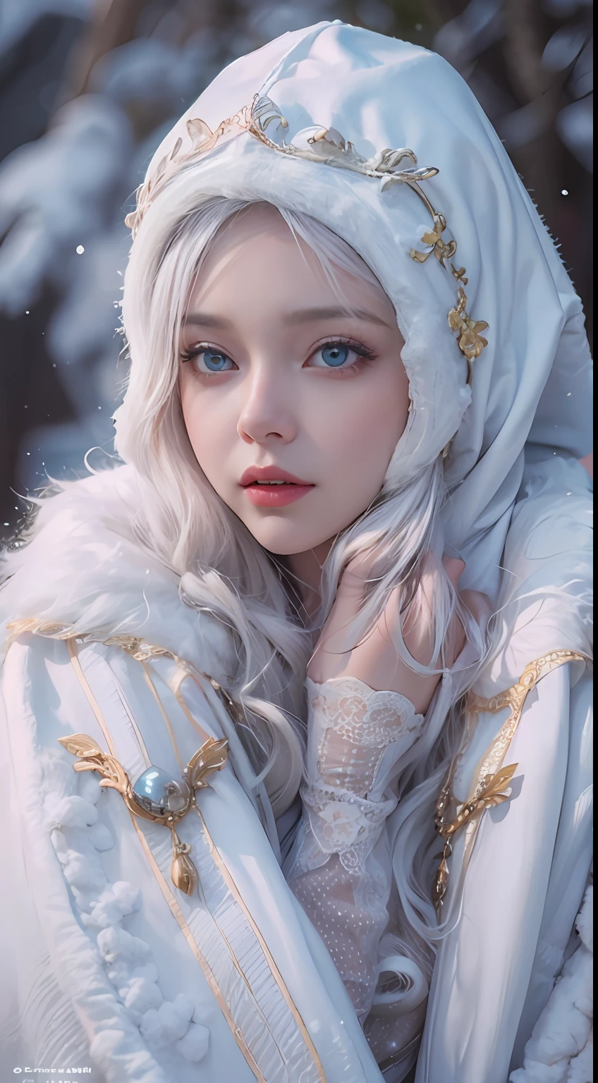 (8K)，Photorealistic, high resolution, 1 Women, Solo, (gorgeous，Lolita costume)， Beautiful eyes, White hair, ringed eyes, (sitted，Cloak，Cover with snow)，snowfield，