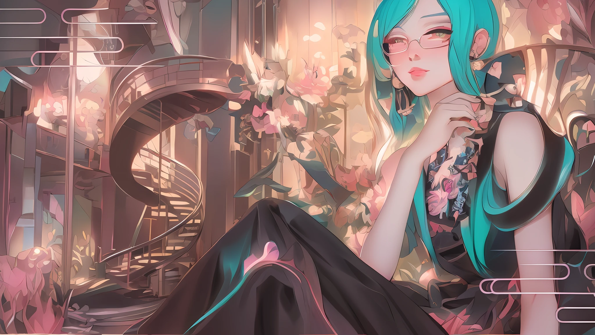 anime girl with blue hair and green eyes sitting in a room, a beautiful artwork illustration, loish |, inspired by Yuumei, exquisite digital illustration, inspired by Yanagawa Nobusada, by Yuumei, inspired by James Jean, japanese pop surrealism, james jean and wlop, inspired by Miho Hirano, james jean style, dreamy psychedelic anime,drawing of a woman with blue hair and glasses with flowers in her hair,korean art nouveau anime, beautiful anime artwork, artgerm and james jean, anime art nouveau, beautiful anime art, the flower prince, a beautiful artwork illustration, detailed anime character art, digital art on pixiv, anime fantasy illustration, detailed digital anime art, beautiful fantasy anime, clean detailed anime art, 2 d anime style, decora inspired illustrations, inspired by Yumihiko Amano, anime girl with teal hair, anime style portrait, beautiful anime art style, portrait of jinx from arcane, manga art style, anime style illustration, anime art style, anime style art, anime styled, beautiful line art, detailed manga style, extremely fine ink lineart, black and white manga style, black and white line art, ink manga drawing, intense line art, pencil and ink manga drawing, intense black line art, in style of manga, exquisite line art, perfect lineart,exquisite line art, exquisite digital illustration, detailed digital drawing, black and white coloring, digital anime illustration, a beautiful artwork illustration, detailed matte fantasy portrait, beautiful line art, great digital art with details, goddess. extremely high detail, 4k detailed digital art, stunning digital illustration