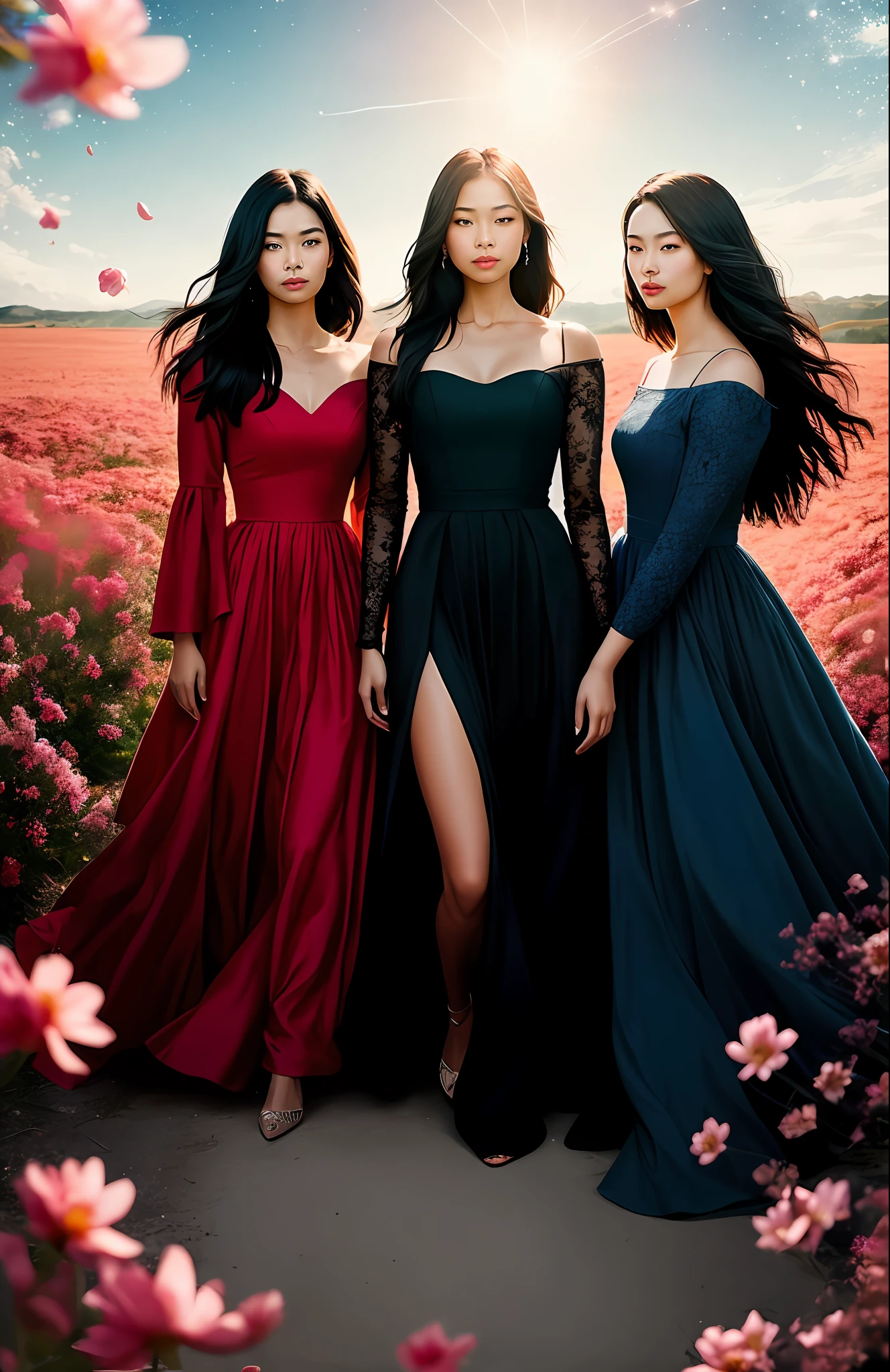 best quality, masterpiece), three young women , black woman , asian woman , woman , medieval princess red dress, pose, particle, wind, flower, upper body, sunny morning background, looking at viewer, long straight windblown black hair, detailded blue eyes, galaxy, backlit, rimlight, beautiful artwork, perfect composition