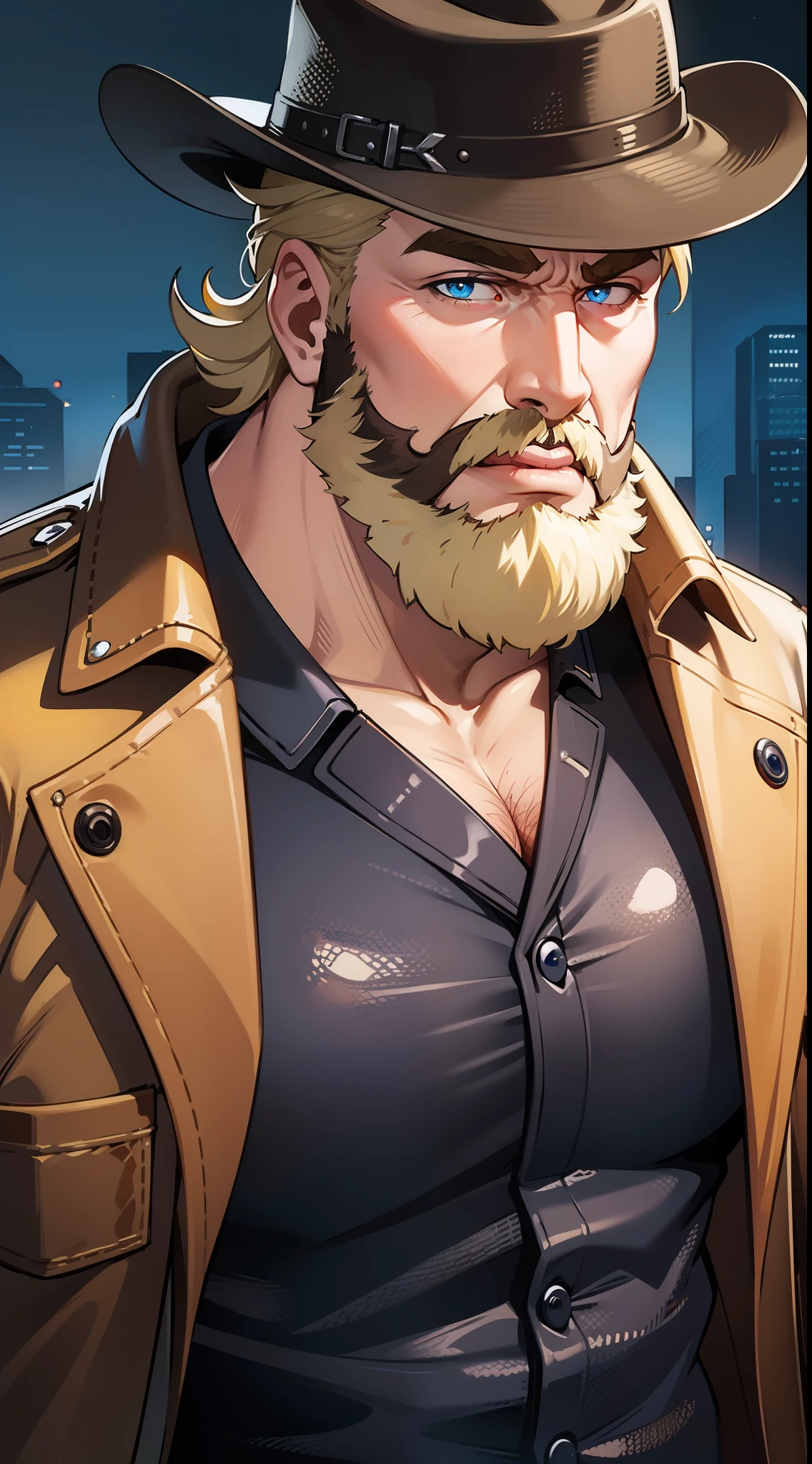 Adult Fat Man, short blonde hair, beard, blue eye color, cowboy hat, leather jacket, cigar, A serious look, Masterpiece, hiquality